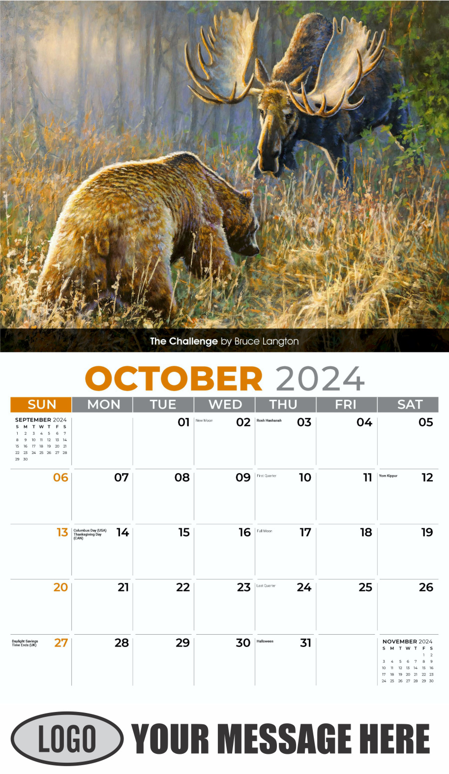 Wildlife Art Portraits 2024 Business Promotion Wall Calendar - October
