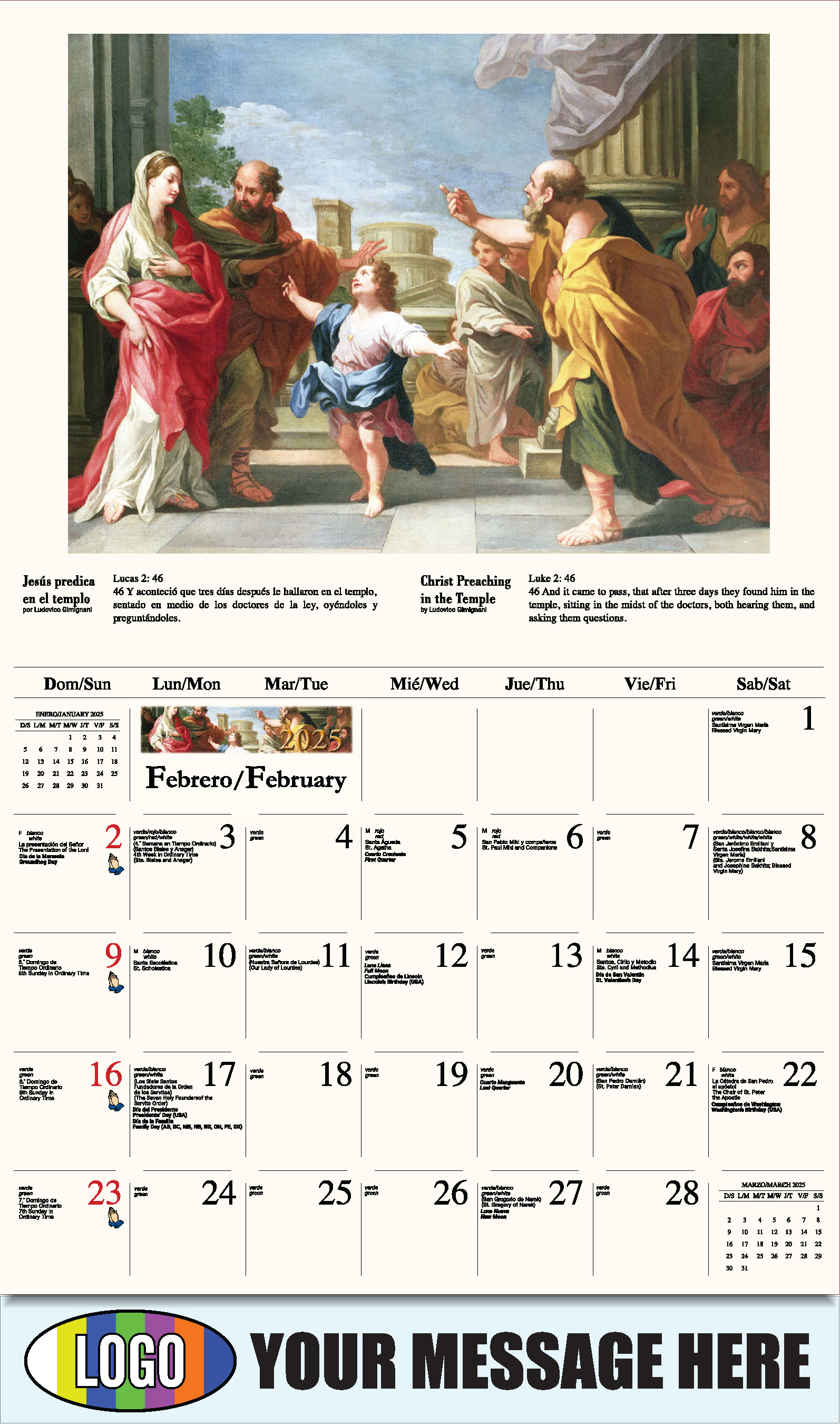 Catholic Inspirations bilingual 2025 Church Advertising Calendar - February