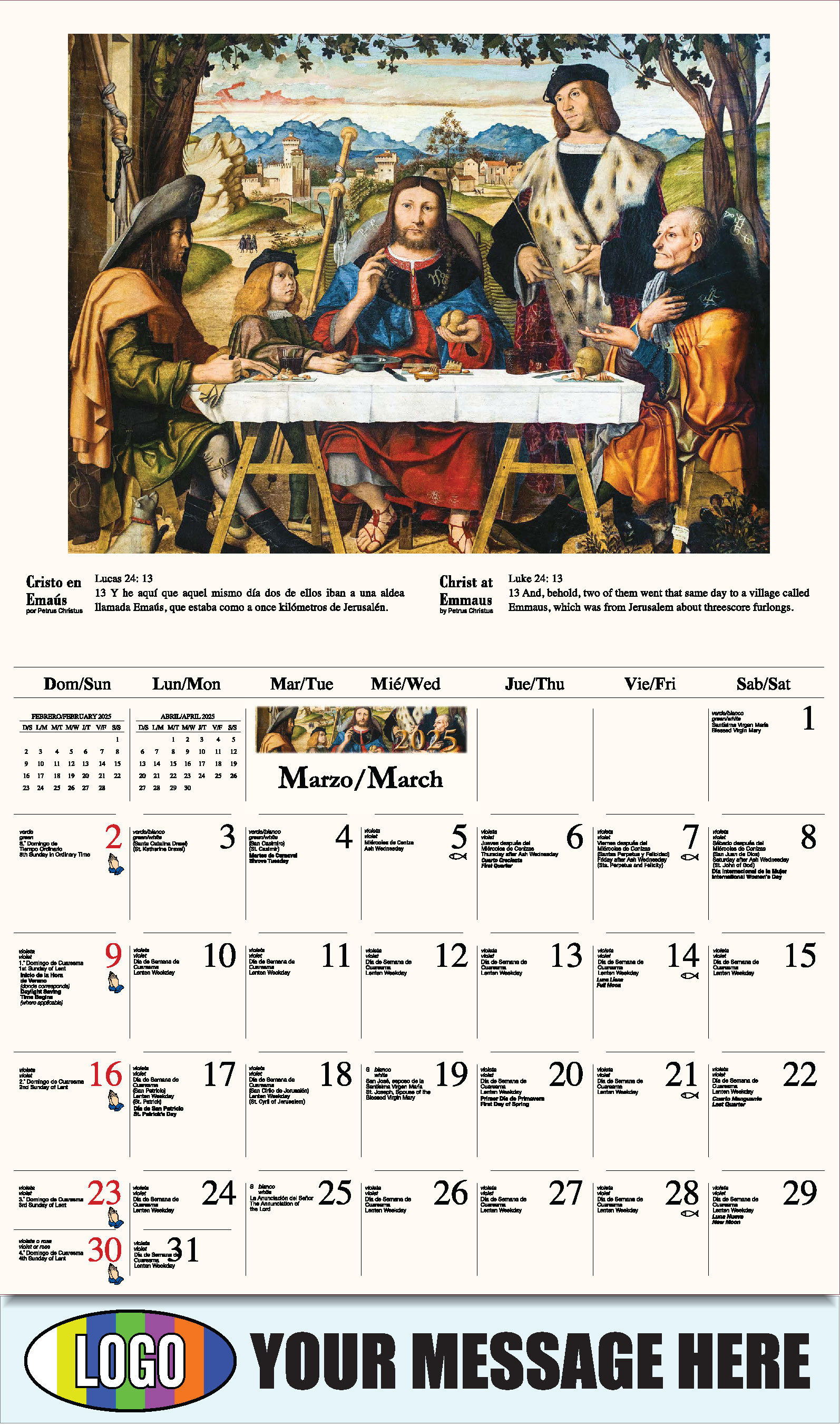 Catholic Inspirations bilingual 2025 Church Advertising Calendar - March