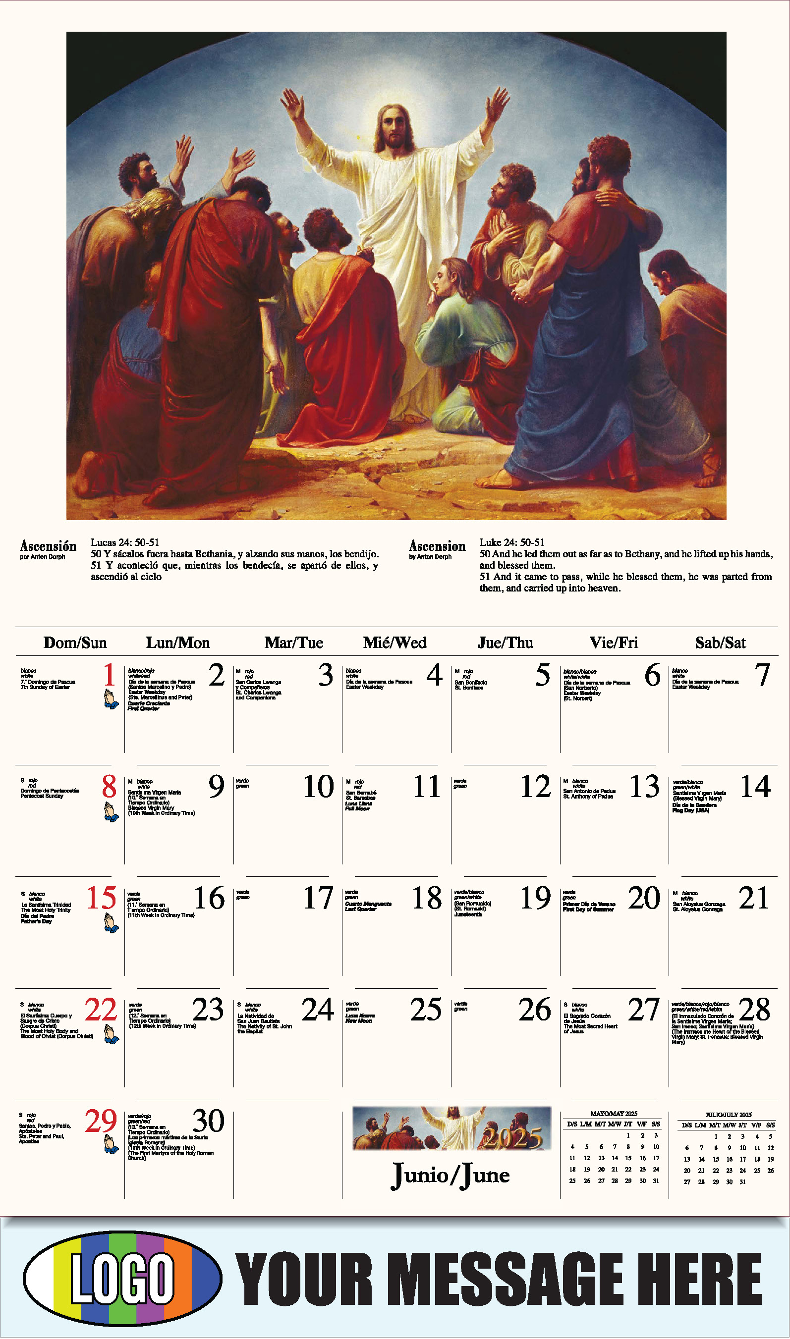 Catholic Inspirations bilingual 2025 Church Advertising Calendar - June