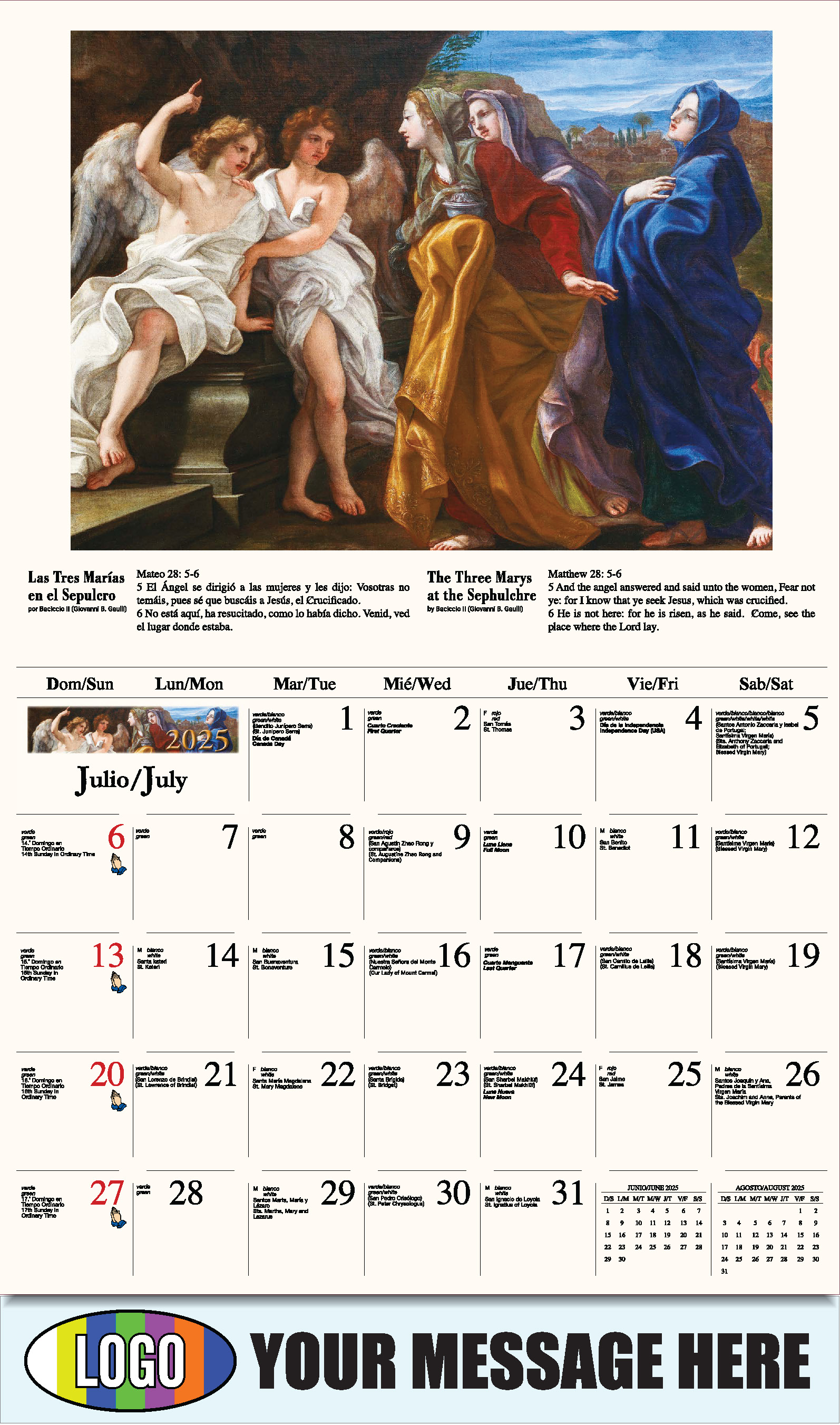 Catholic Inspirations bilingual 2025 Church Advertising Calendar - July