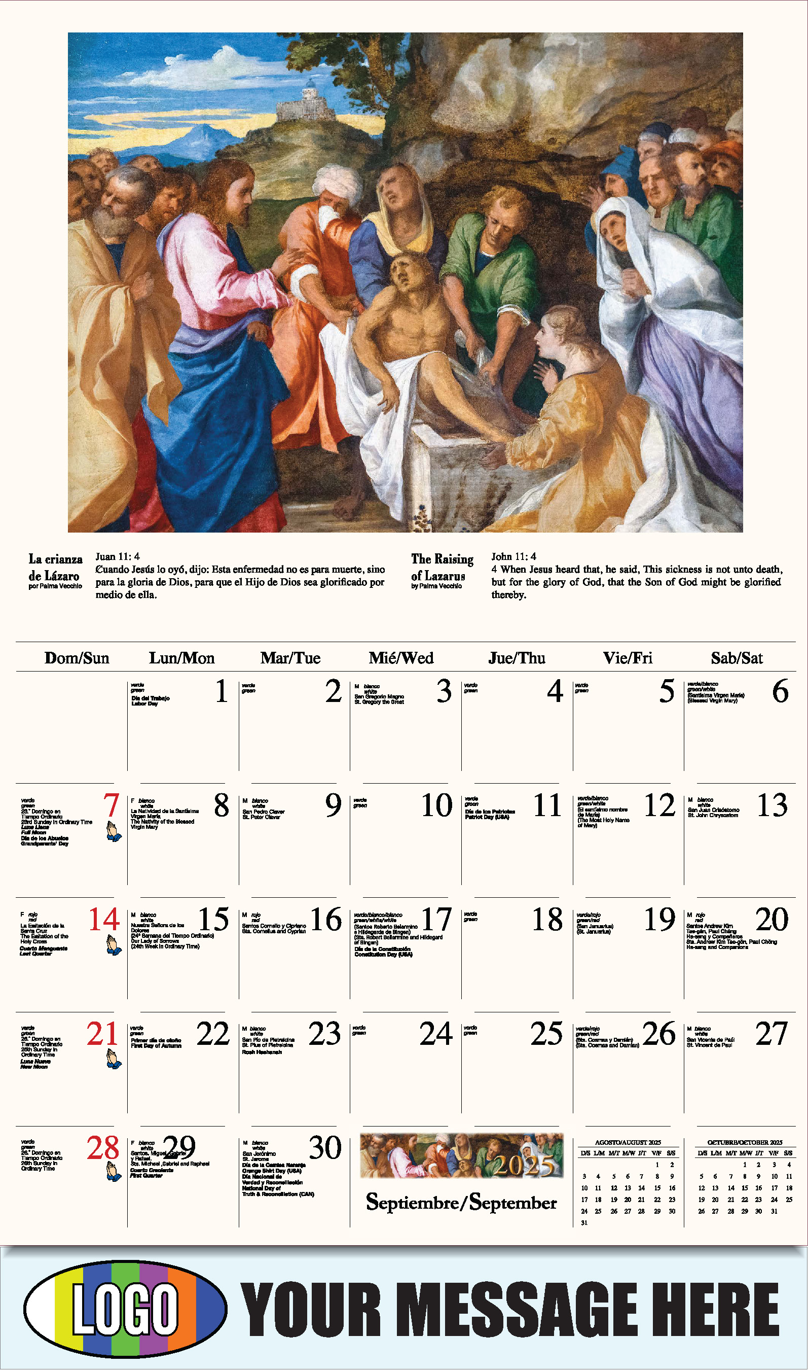 Catholic Inspirations bilingual 2025 Church Advertising Calendar - September