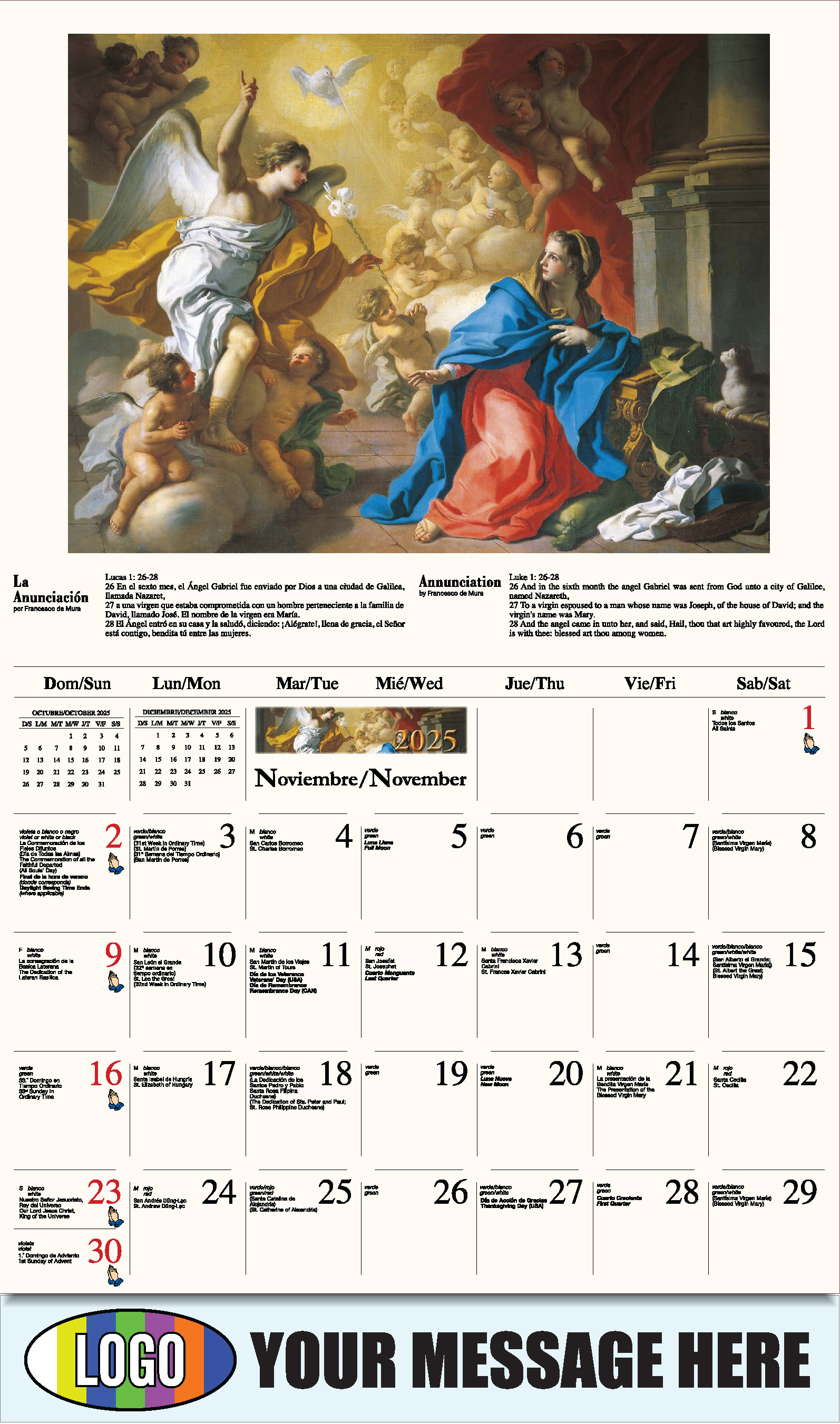 Catholic Inspirations bilingual 2025 Church Advertising Calendar - November