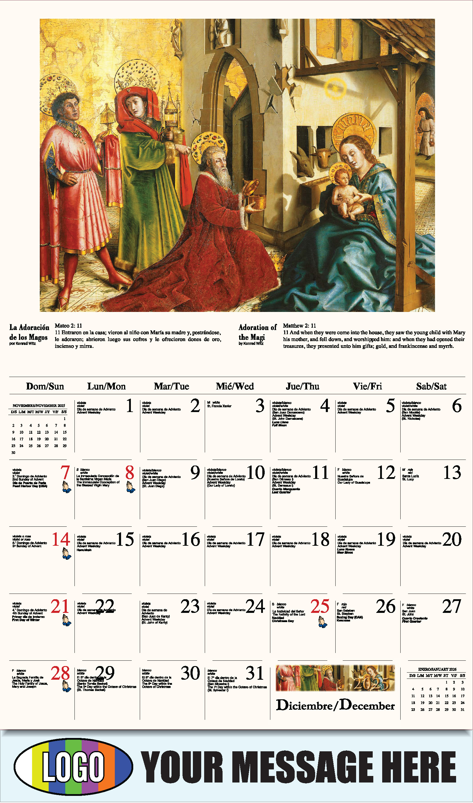 Catholic Inspirations bilingual 2025 Church Advertising Calendar - December