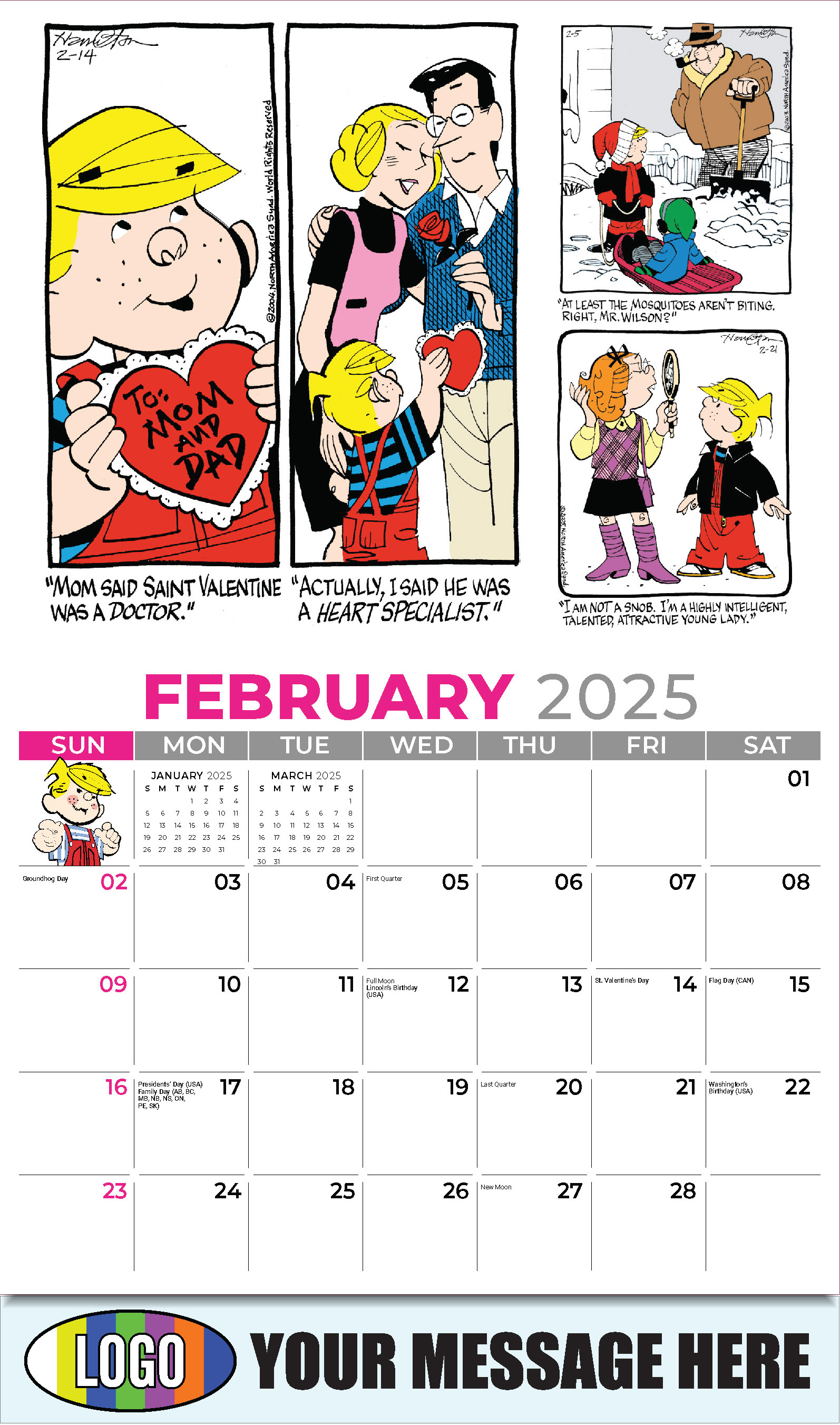Dennis the Menace 2025 Business Promotional Wall Calendar - February
