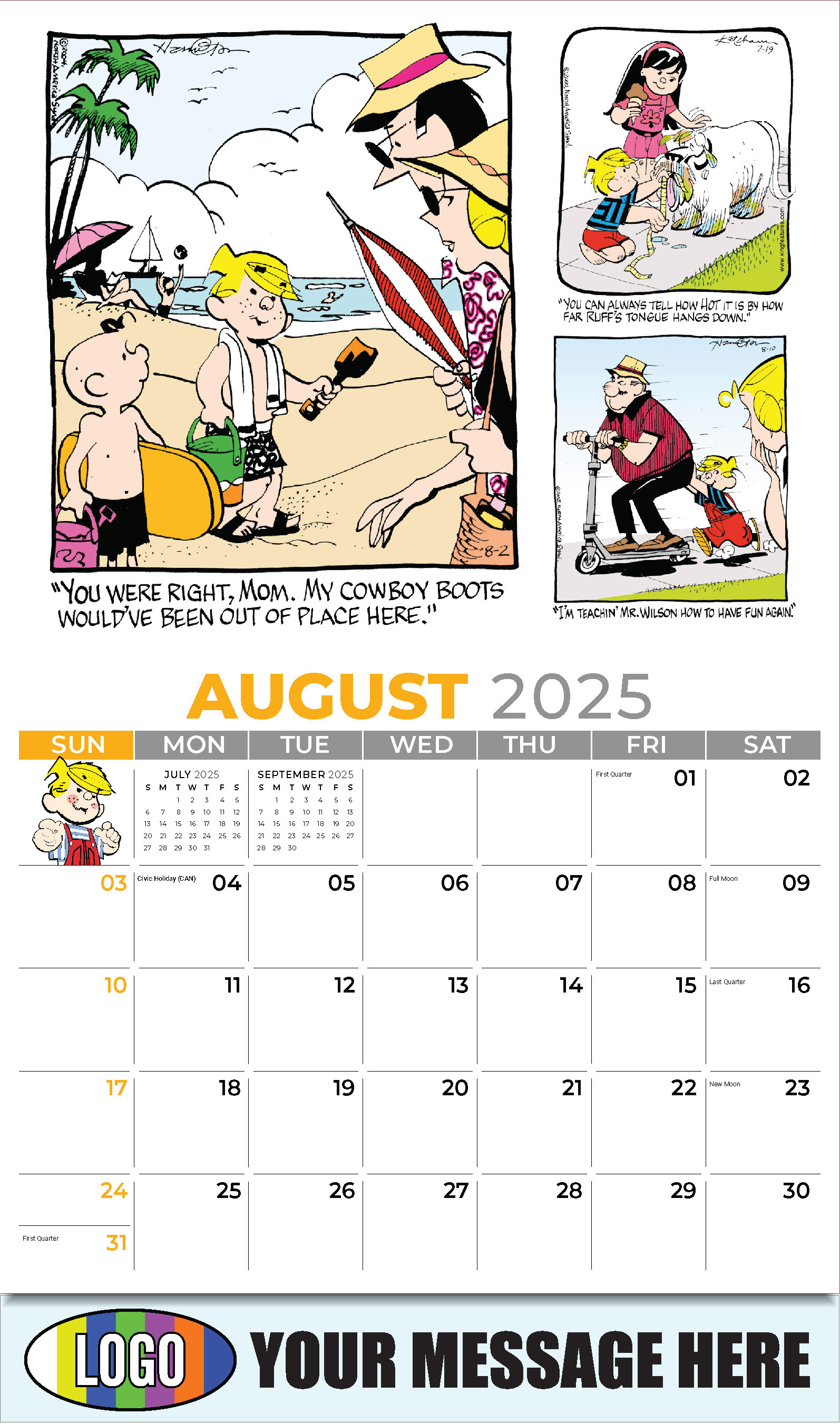 Dennis the Menace 2025 Business Promotional Wall Calendar - August