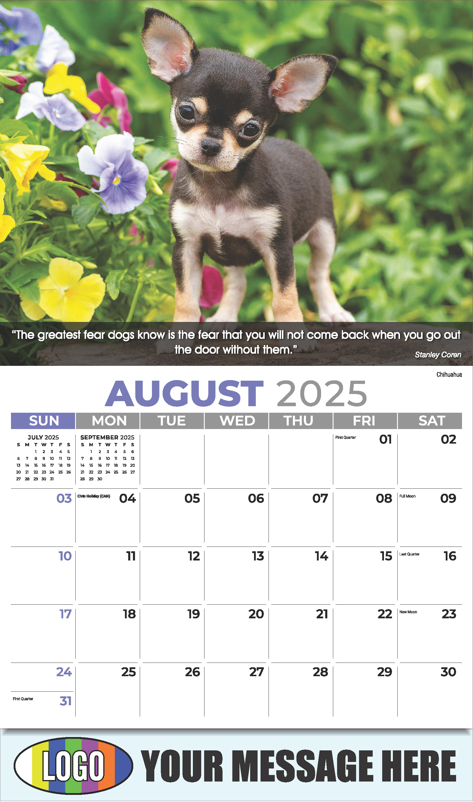 Dogs 2025 Vets and Pets Business Promotion Calendar - August
