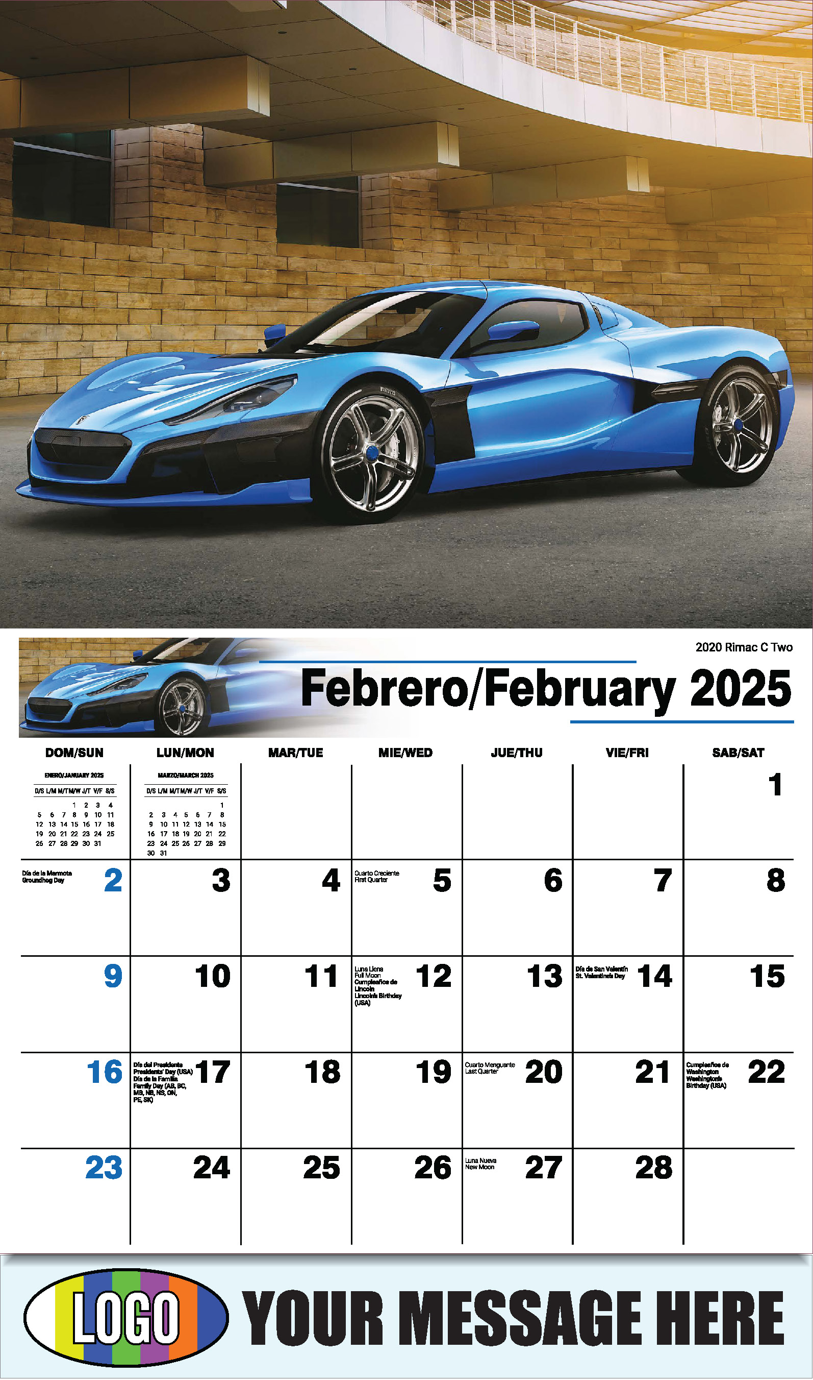Exotic Cars 2025 Bilingual Automotive Business Promotional Calendar - February