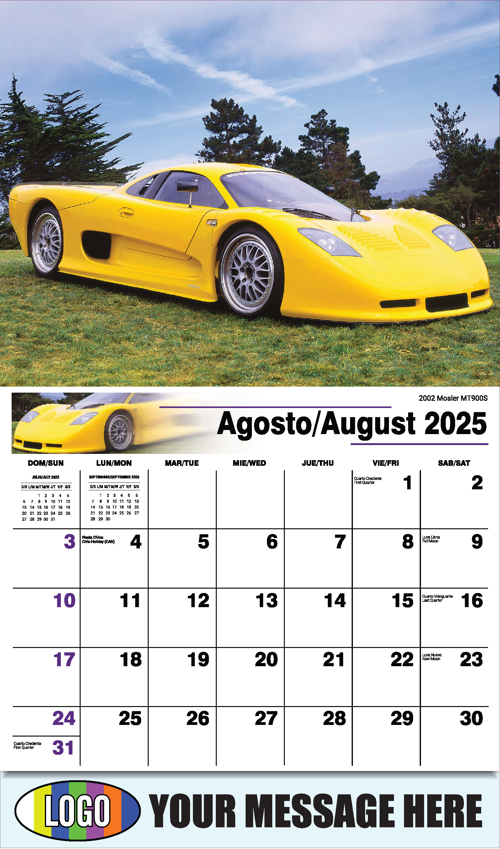 Exotic Cars 2025 Bilingual Automotive Business Promotional Calendar - August