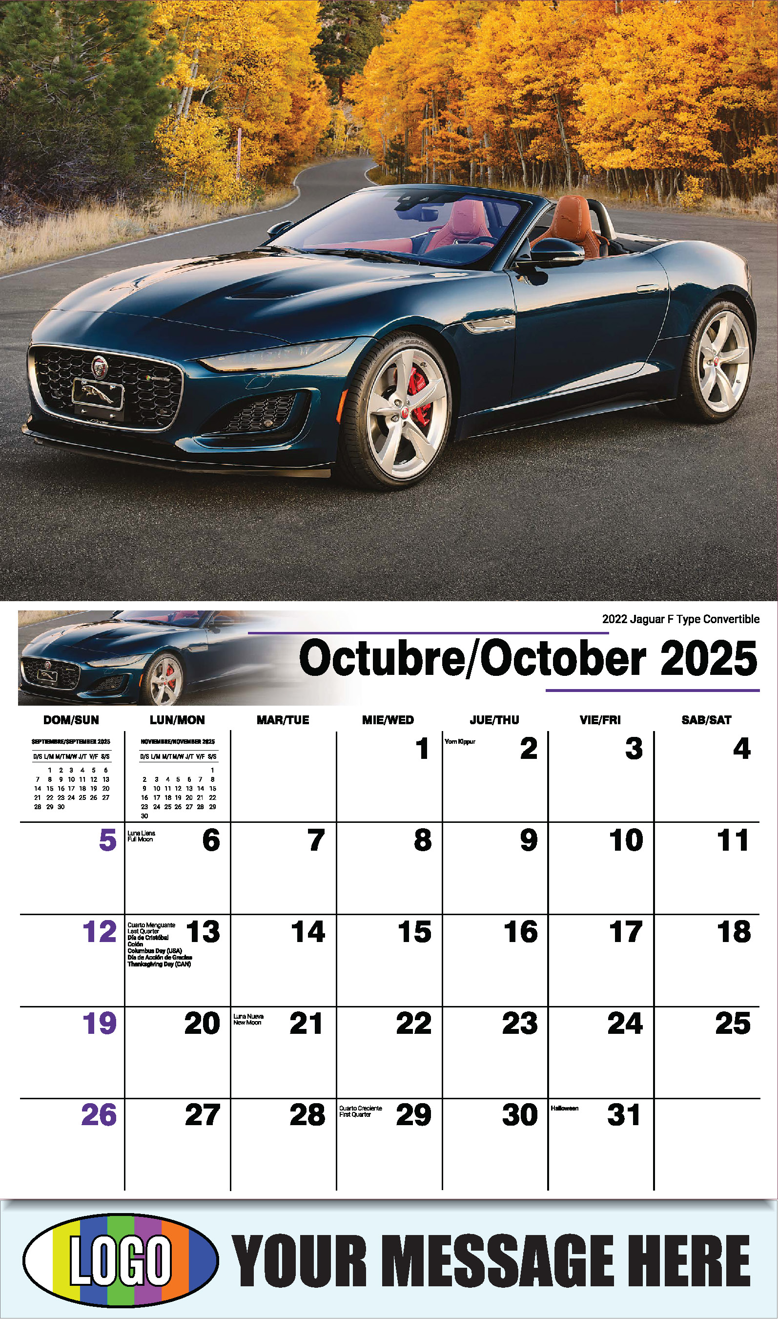 Exotic Cars 2025 Bilingual Automotive Business Promotional Calendar - October