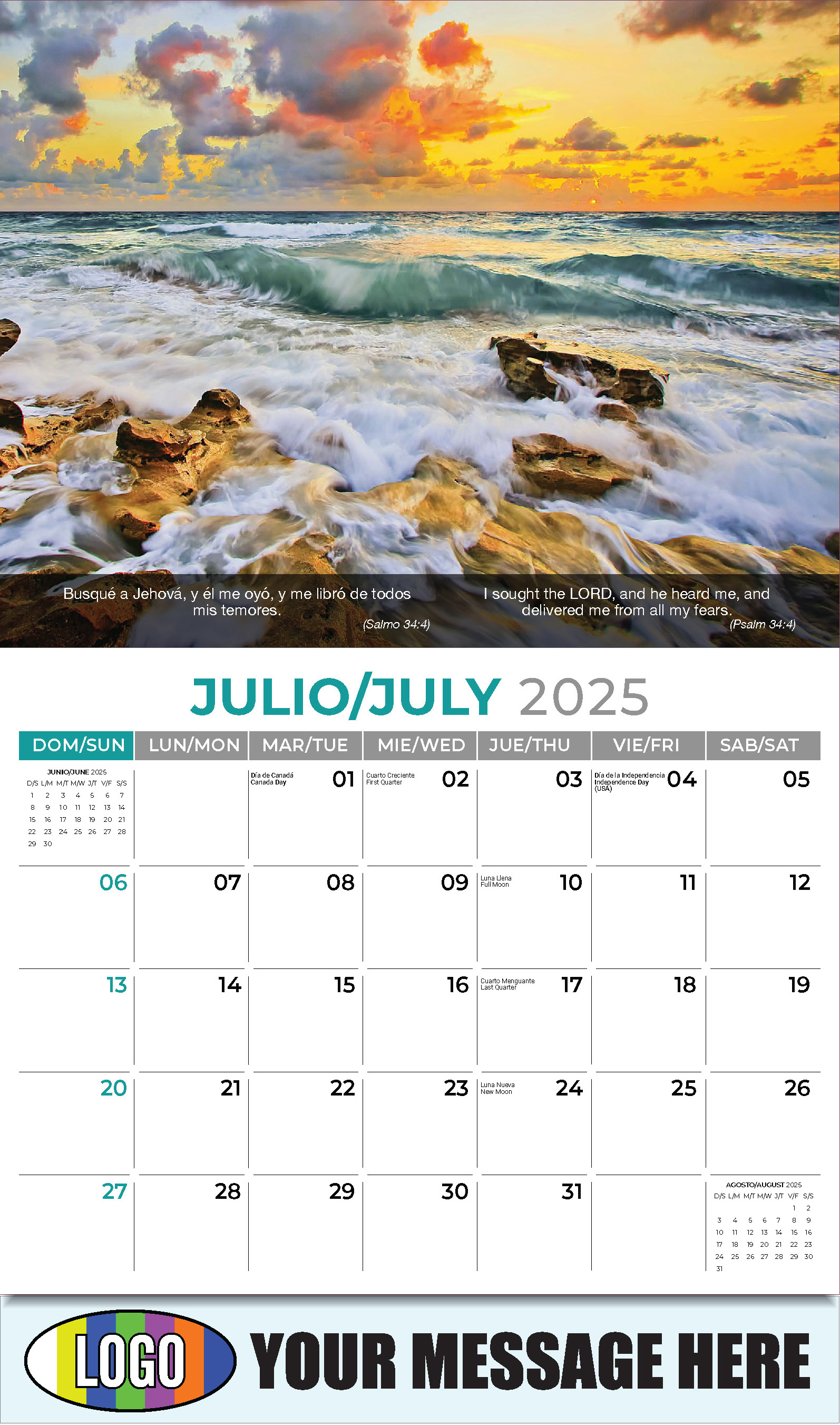 Faith Passages Bilingual 2025 Christian Business Advertising Calendar - July