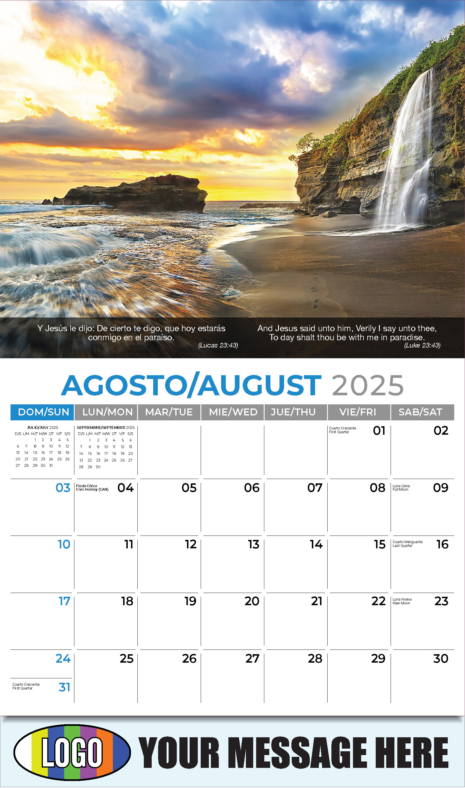 Faith Passages Bilingual 2025 Christian Business Advertising Calendar - August