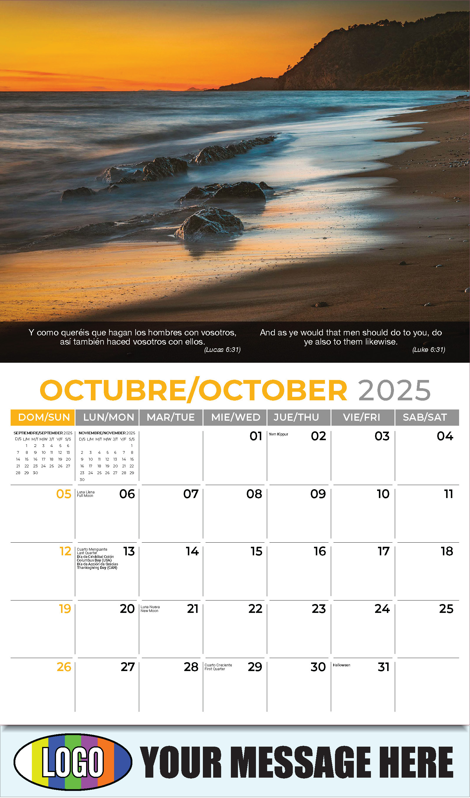 Faith Passages Bilingual 2025 Christian Business Advertising Calendar - October