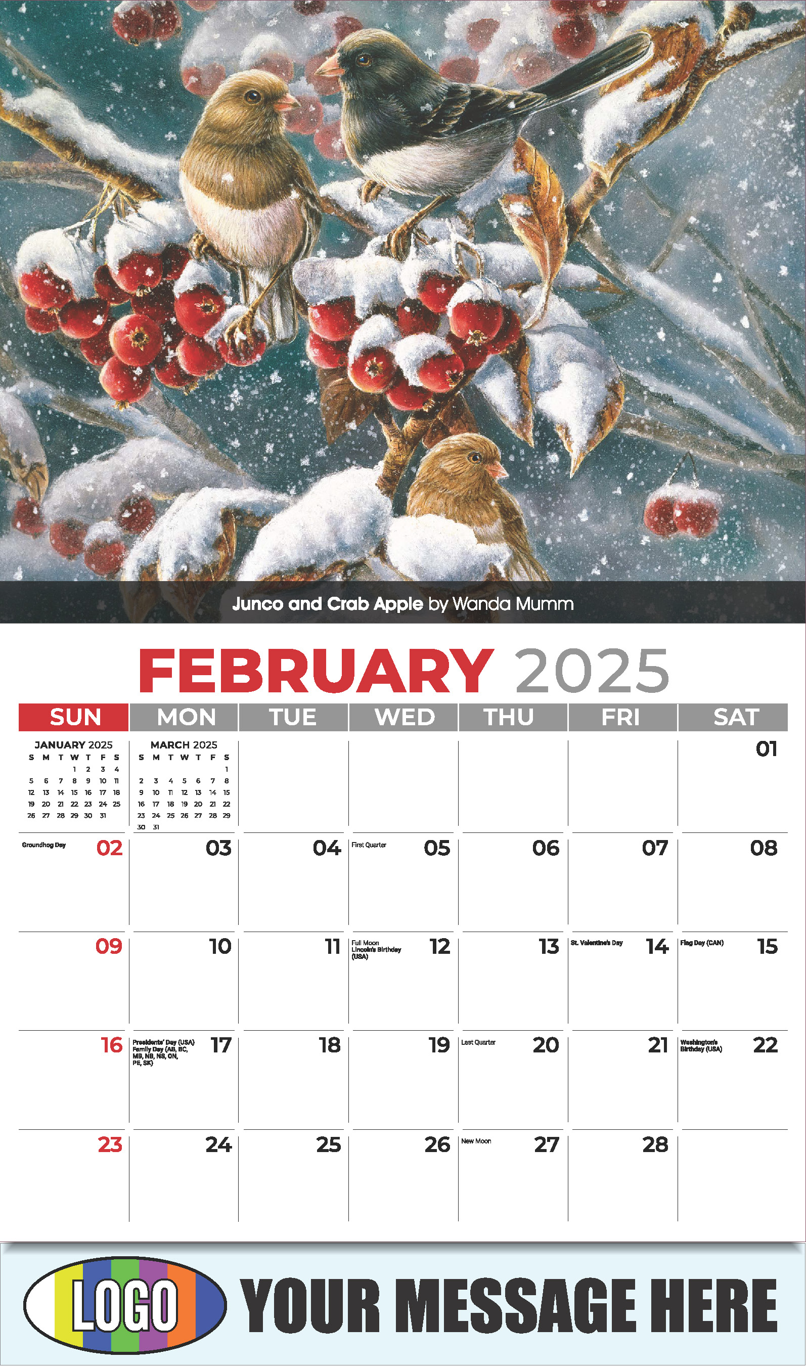 Garden Birds 2025 Business Promotional Calendar - February