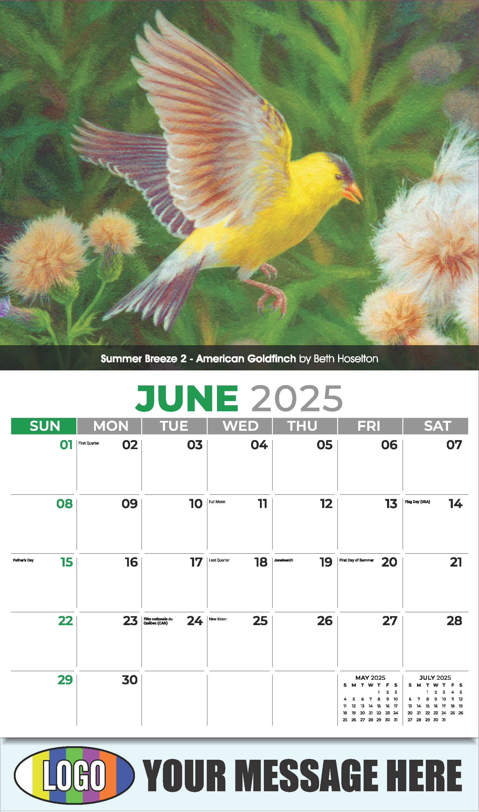 Garden Birds 2025 Business Promotional Calendar - June