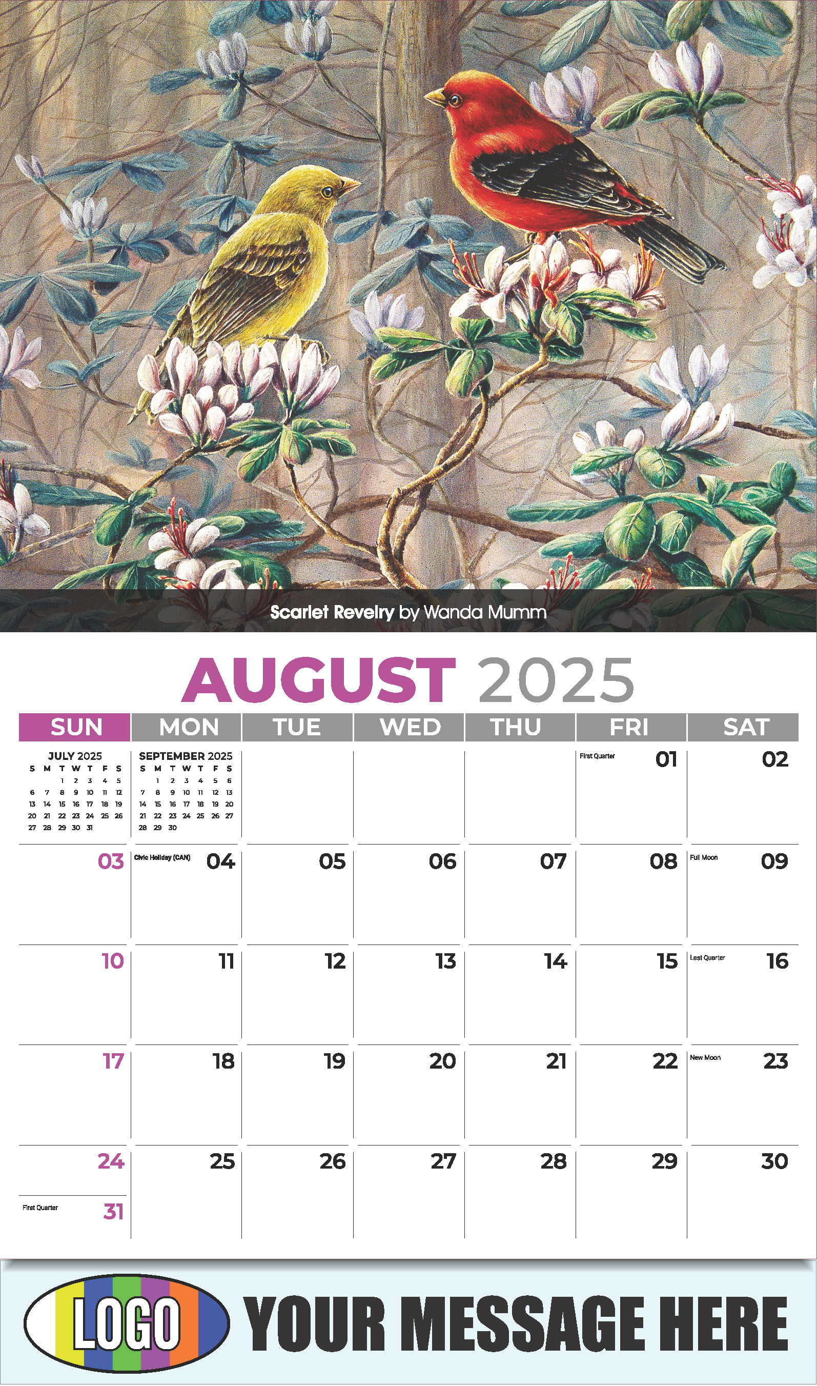 Garden Birds 2025 Business Promotional Calendar - August