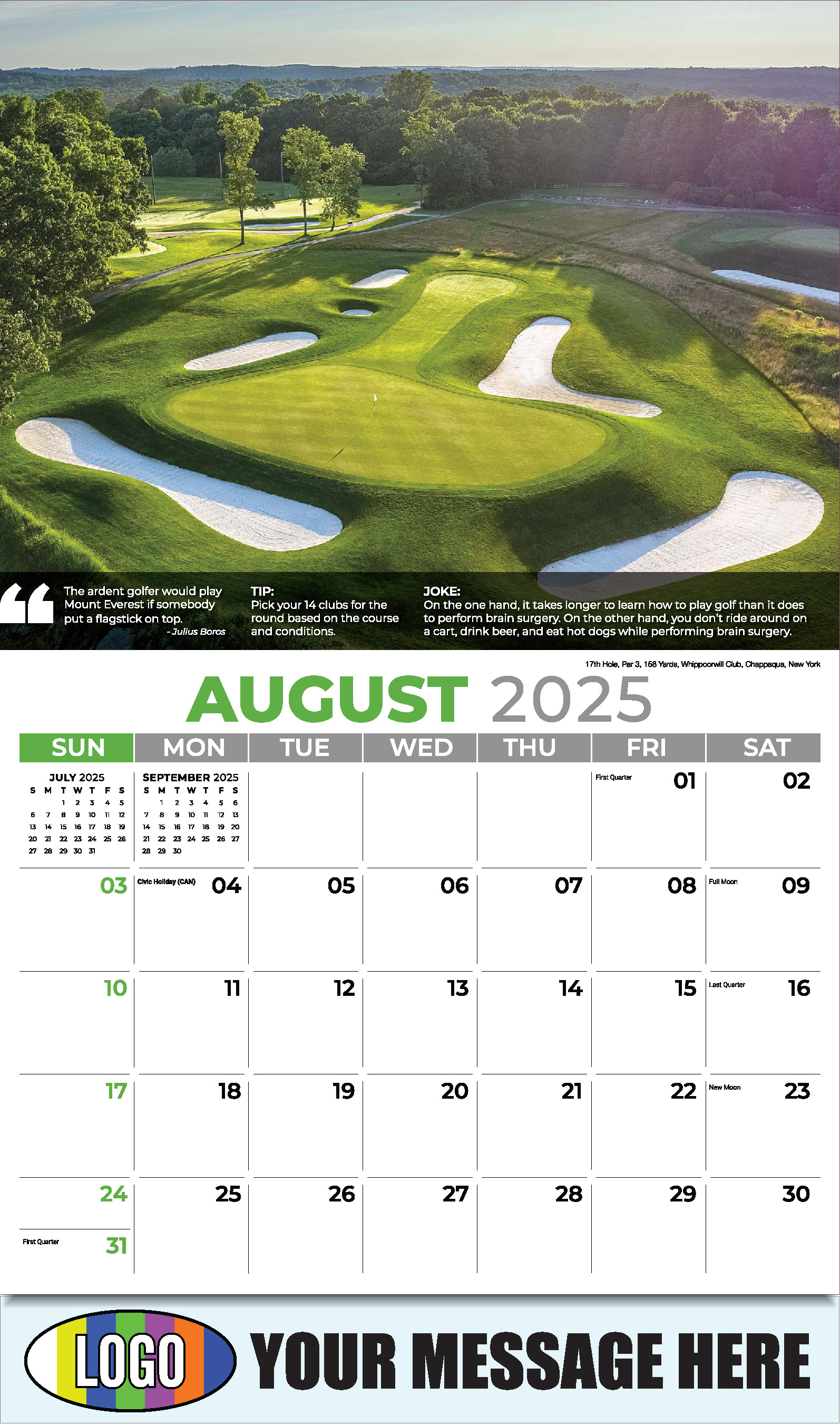 Golf Tips 2025 Business Promo Calendar - August