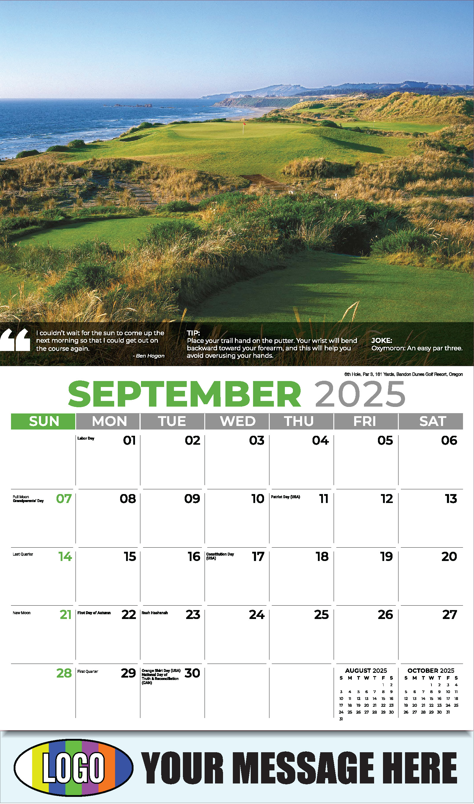 Golf Tips 2025 Business Promo Calendar - September
