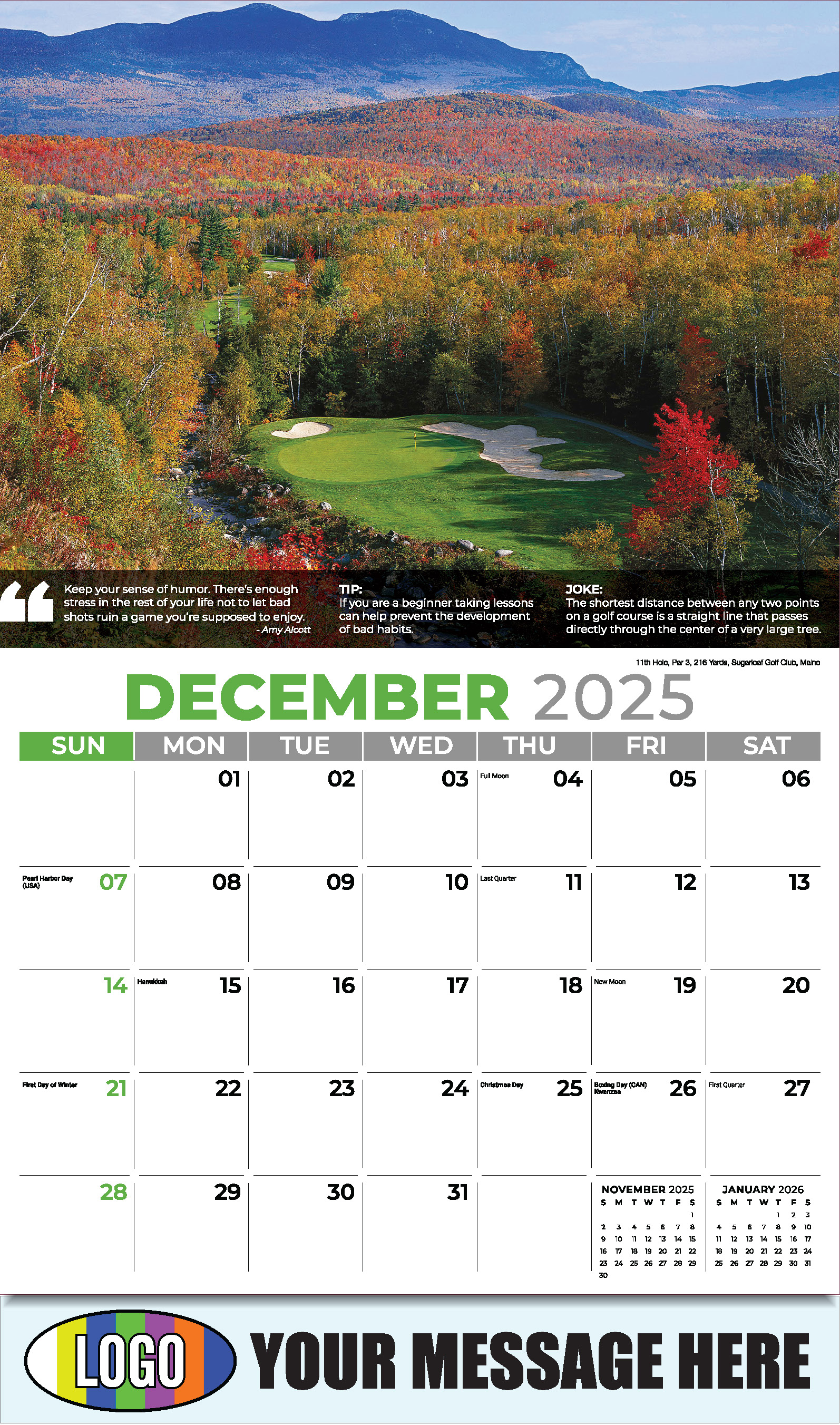Golf Tips 2025 Business Promo Calendar - December