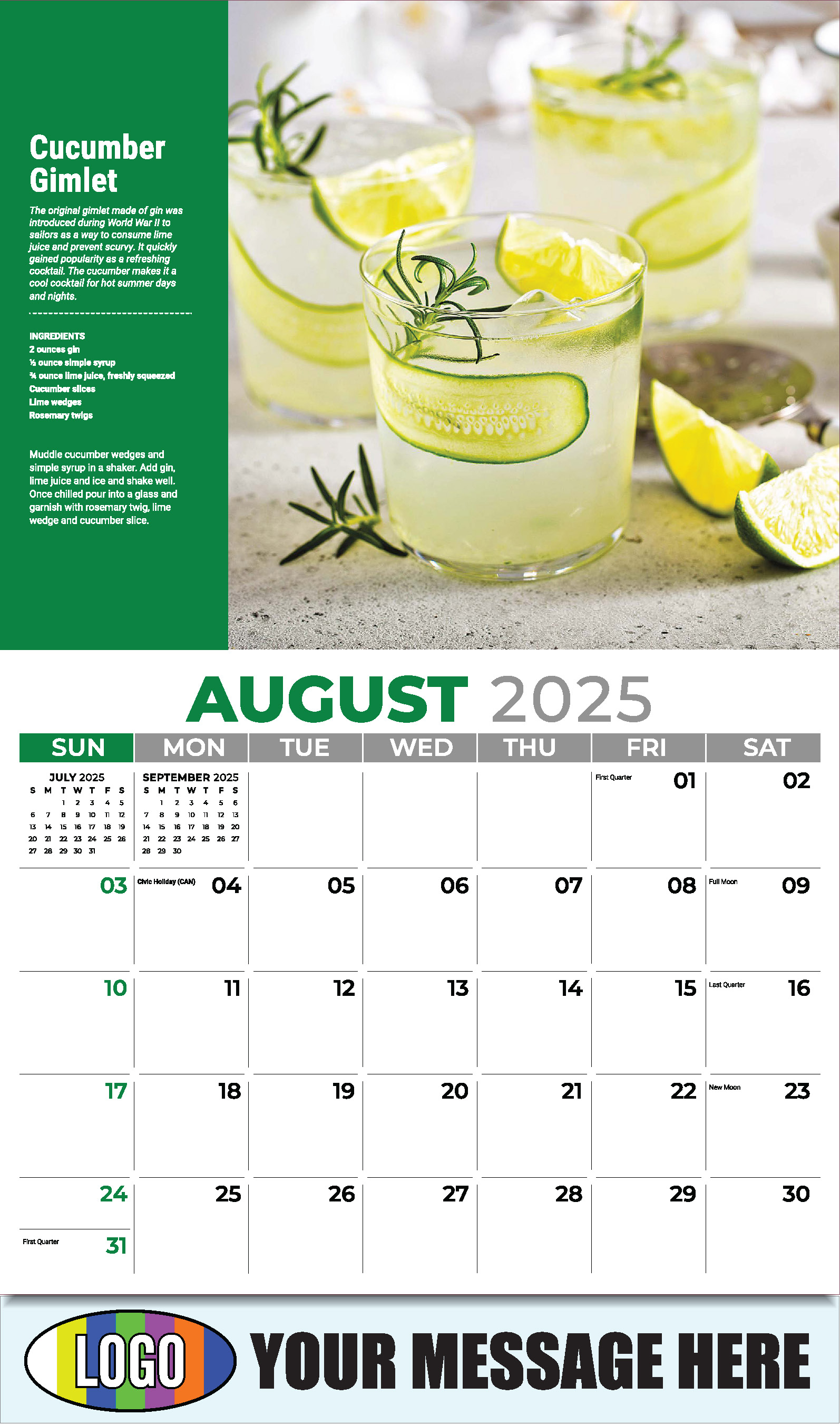 Happy Hour Cocktails 2025 Business Promotional Calendar - August