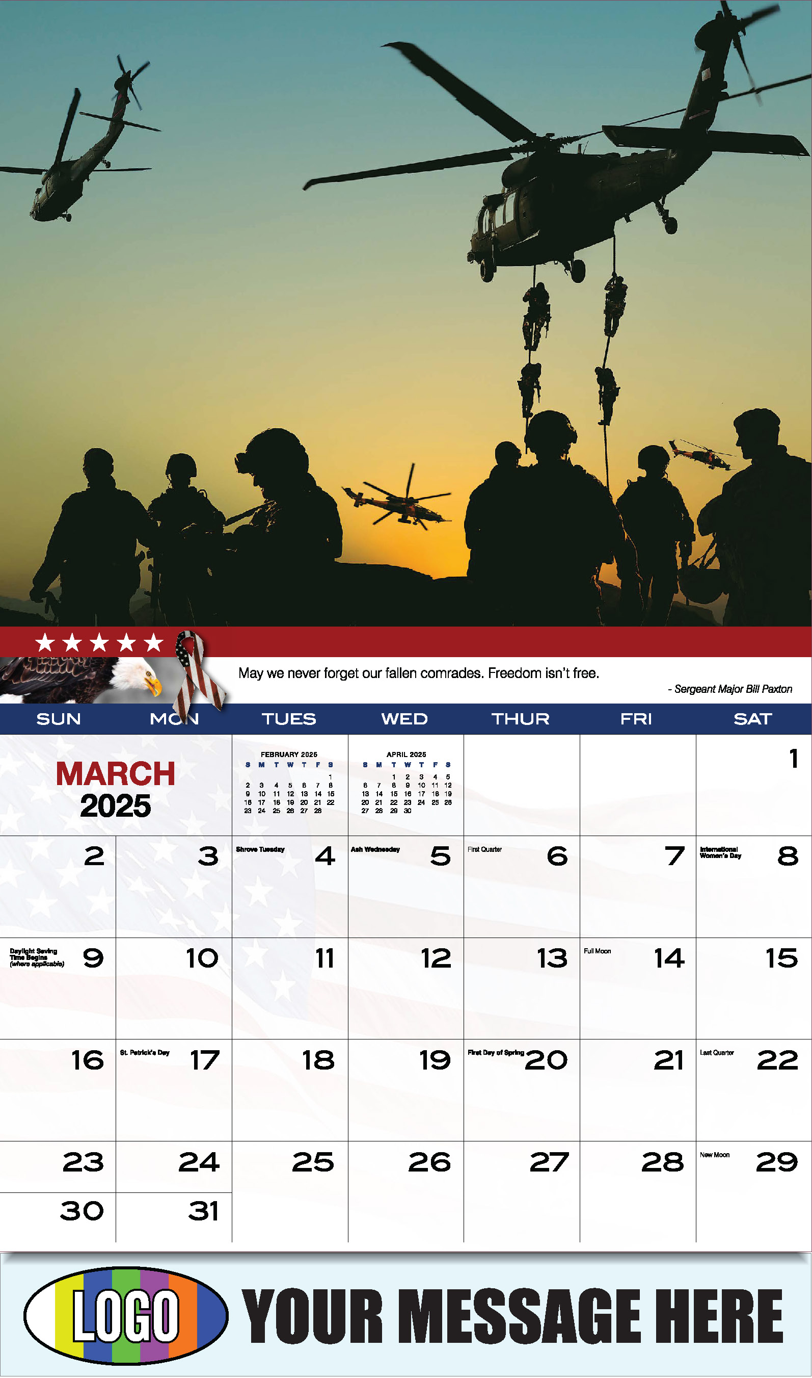 Home of the Brave 2025 USA Armed Forces Business Promo Calendar - March