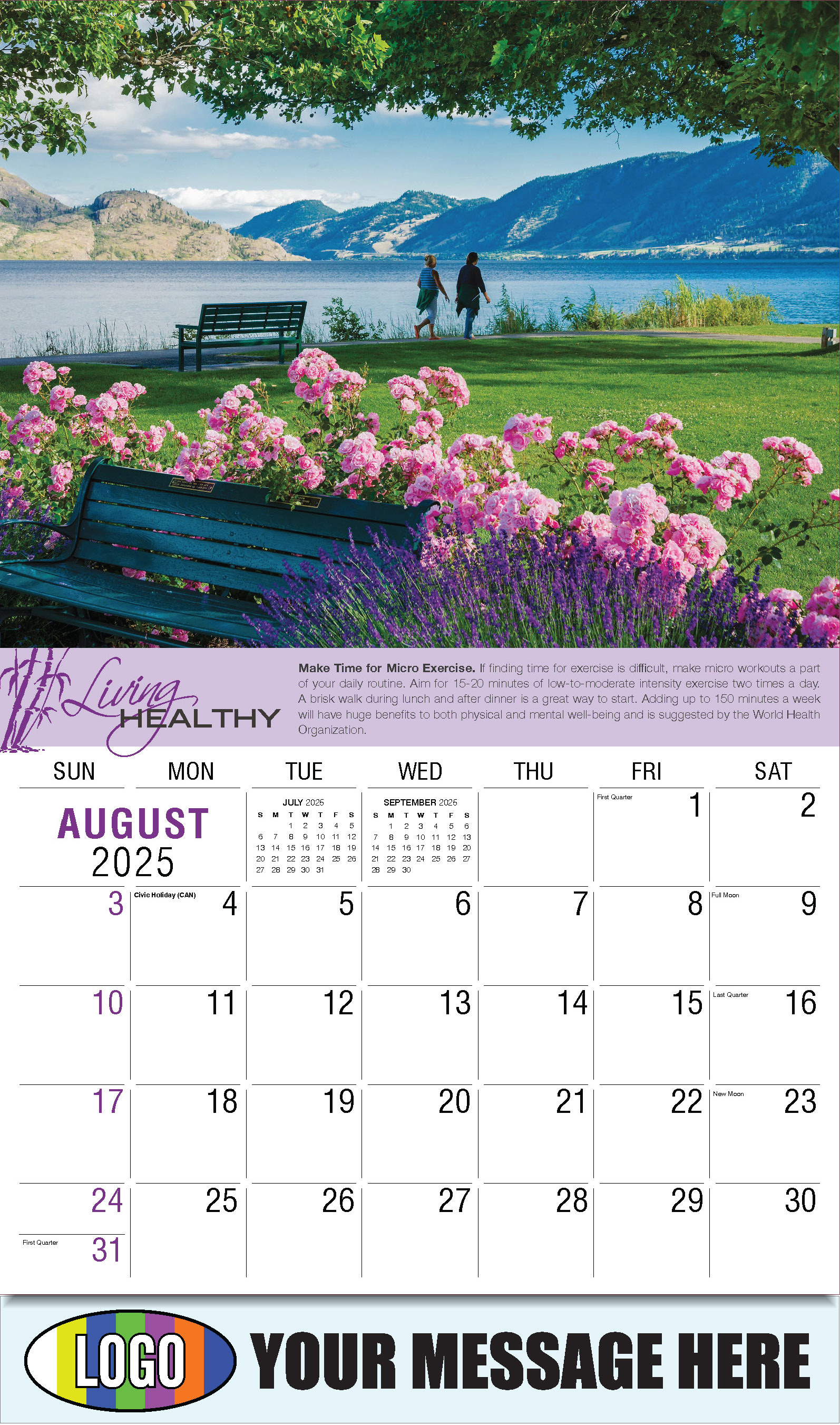 Living Healthy 2025 Business Promotional Calendar - August
