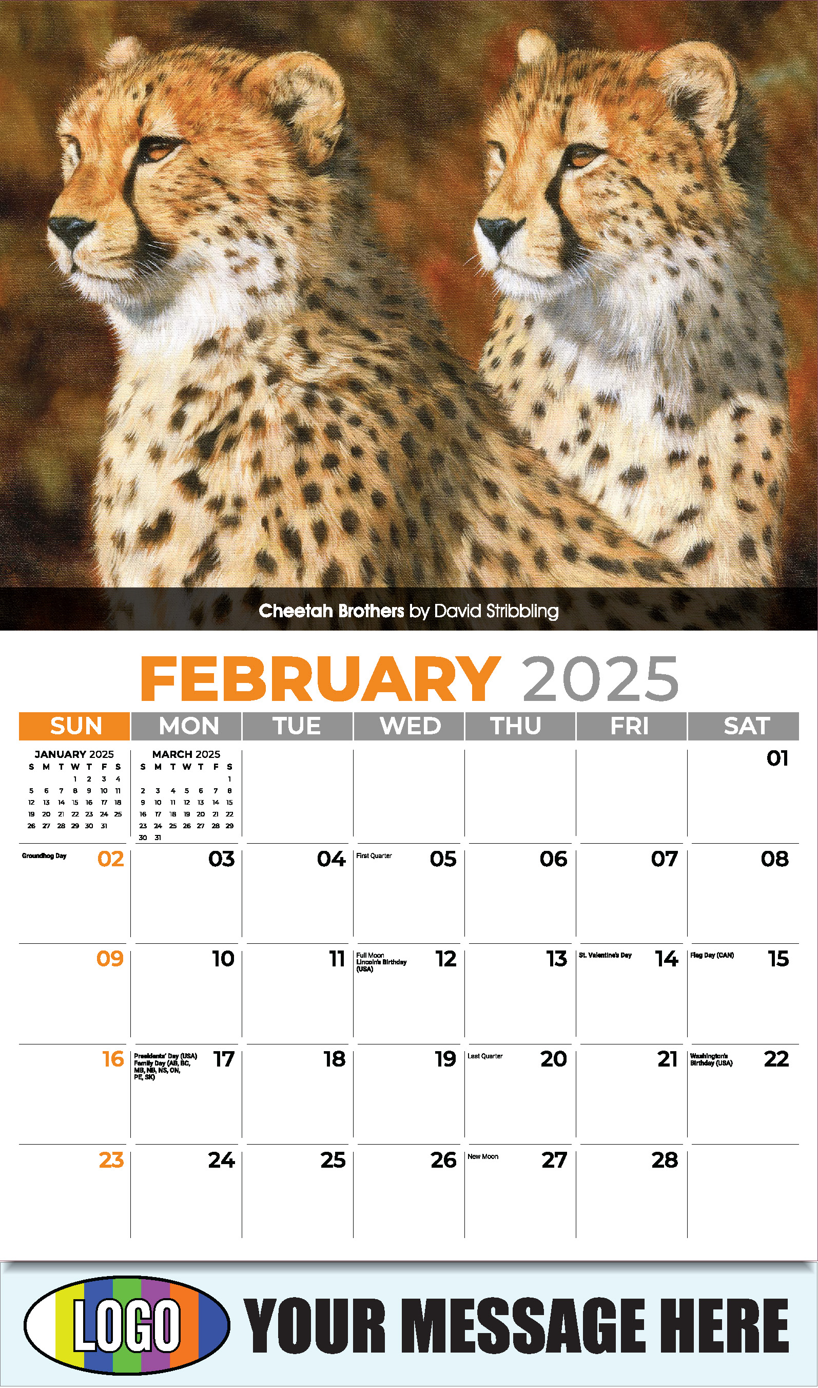 Wildlife Art Portraits 2025 Business Promotion Wall Calendar - February