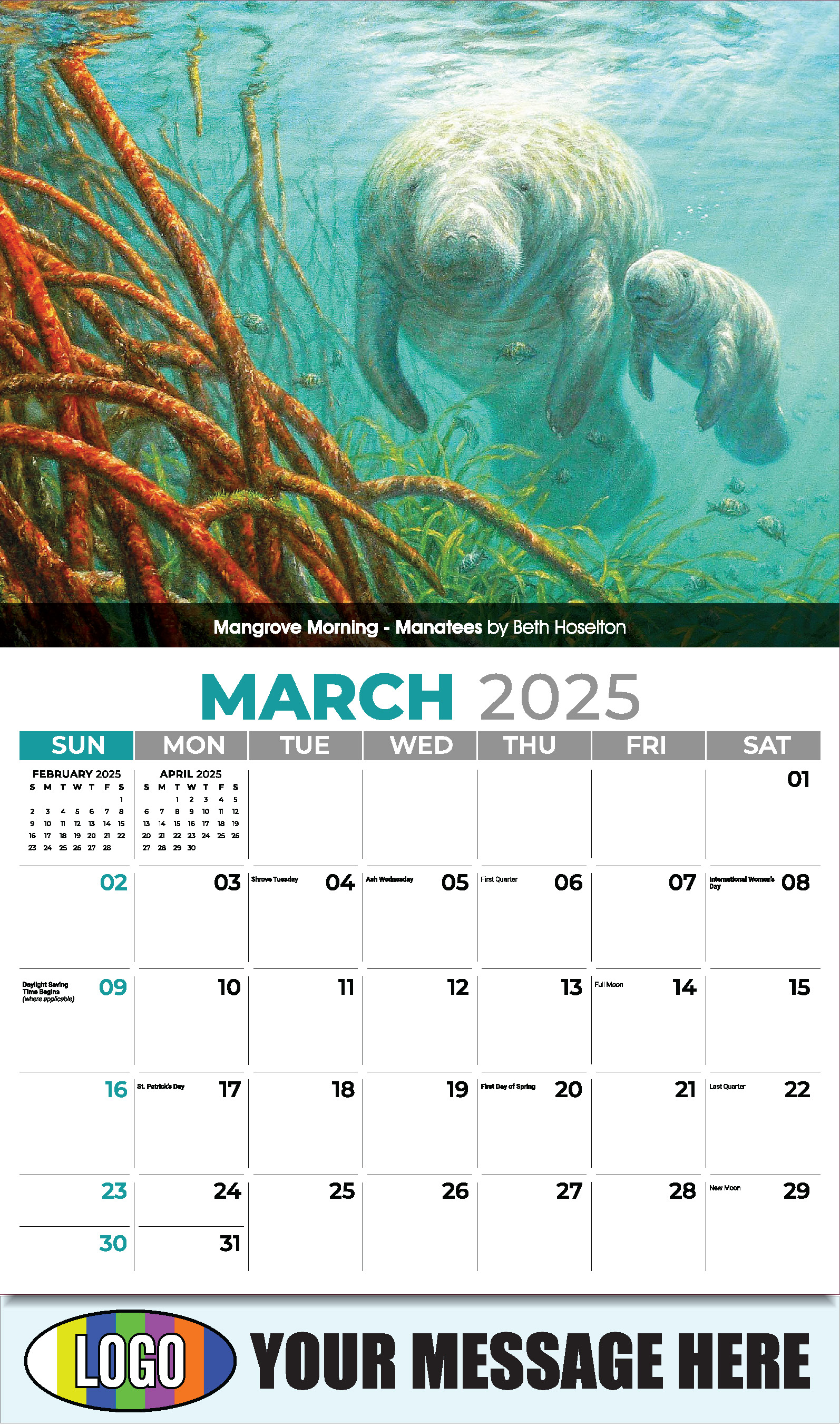 Wildlife Art Portraits 2025 Business Promotion Wall Calendar - March