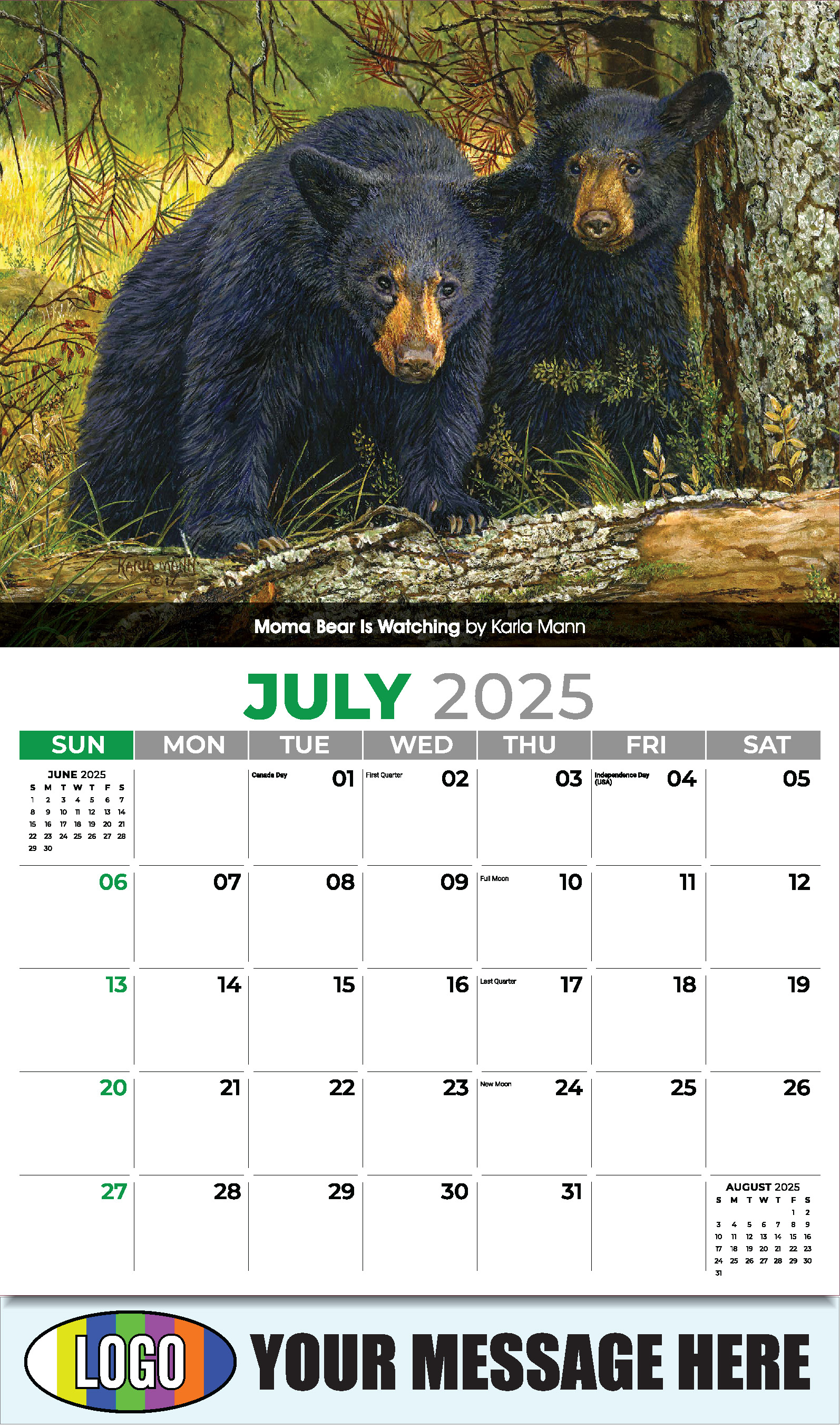 Wildlife Art Portraits 2025 Business Promotion Wall Calendar - July