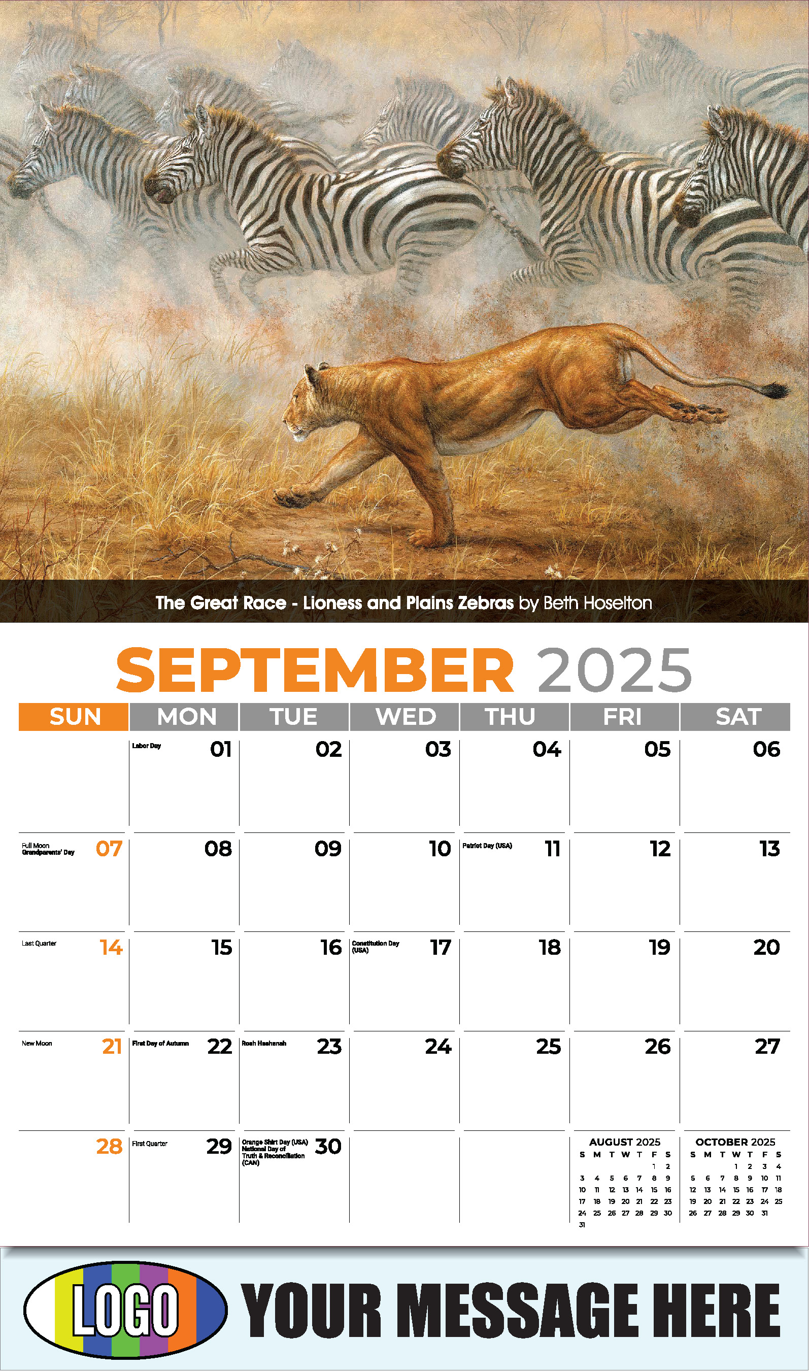 Wildlife Art Portraits 2025 Business Promotion Wall Calendar - September
