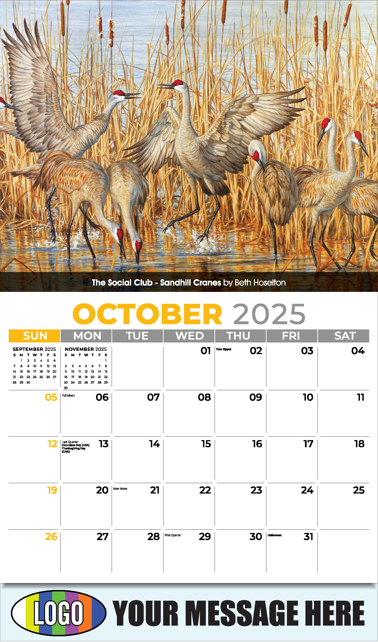 Wildlife Art Portraits 2025 Business Promotion Wall Calendar - October