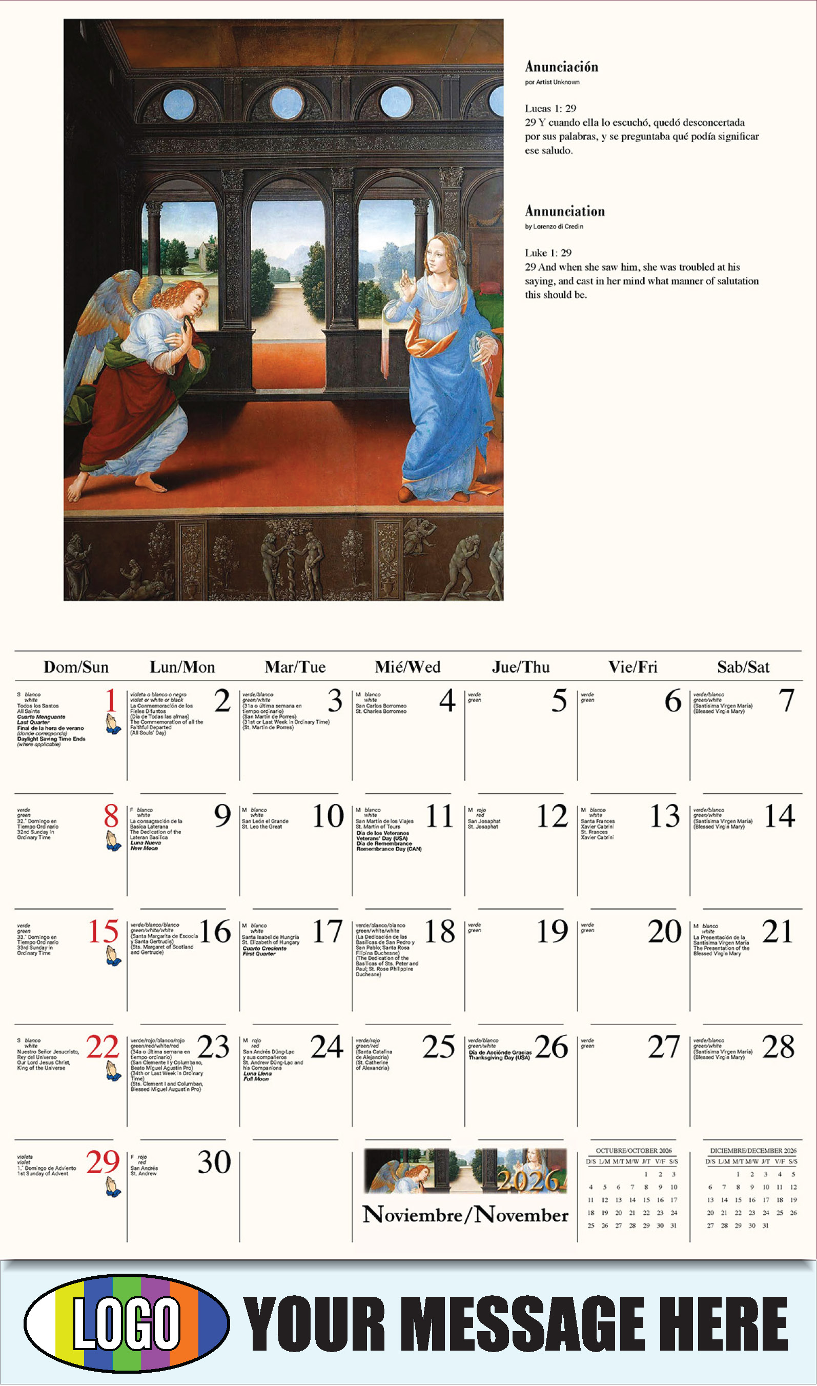 2026 Business Promotion Calendar - Catholic Inspirations bilingual - Anunciación de Lorenzo di Credi
Annunciation by Lorenzo di Credi - November