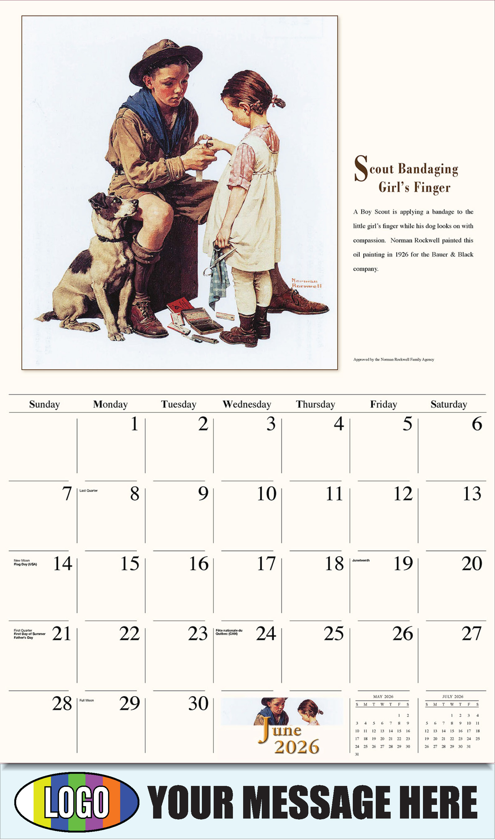 2026 Business Advertising Calendar - Memorable Images by Norman Rockwell - Scout Bandaging Girl’s Finger - June