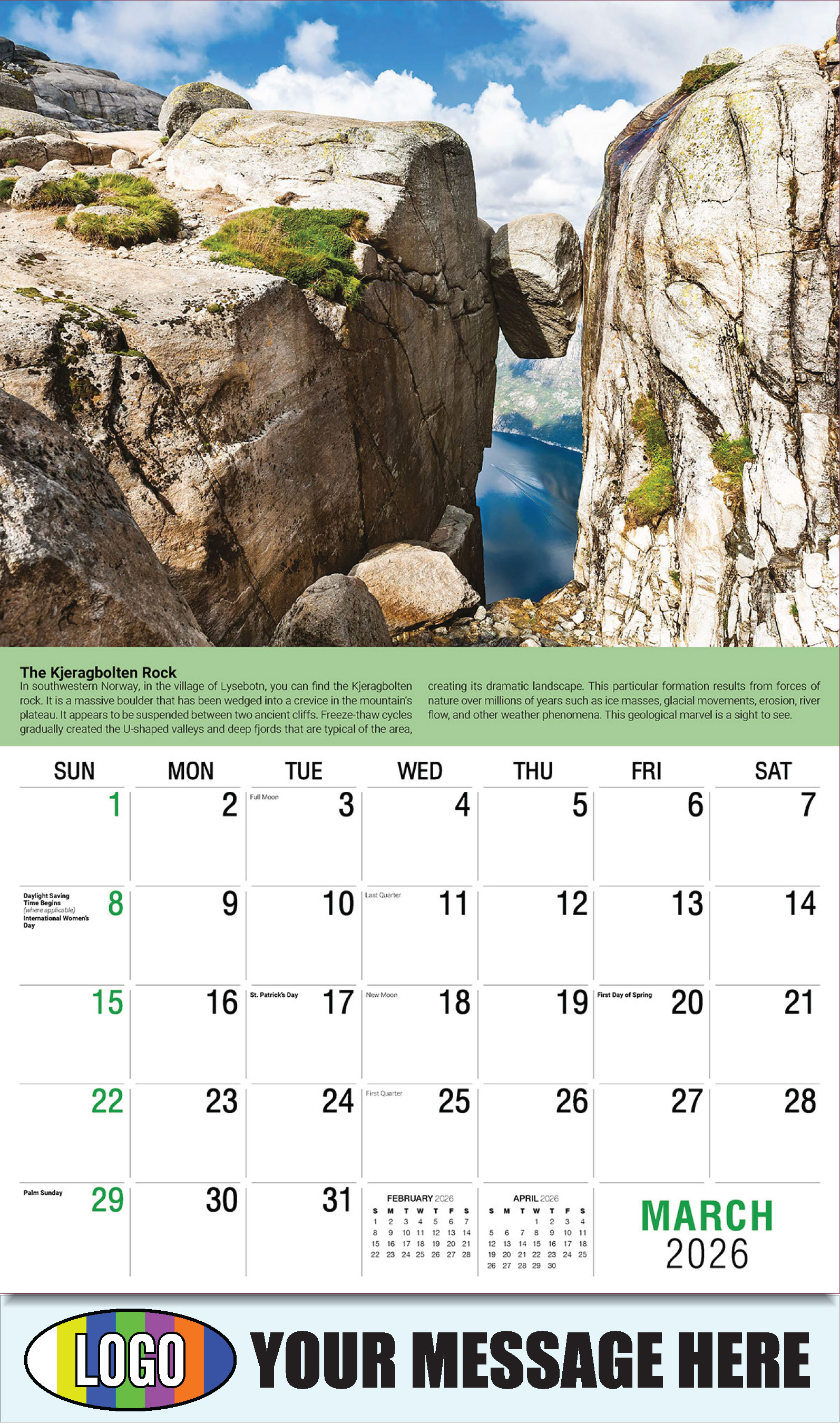 2026 Business Promotional Calendar Planet Earth - March - The Kjeragbolten Rock: