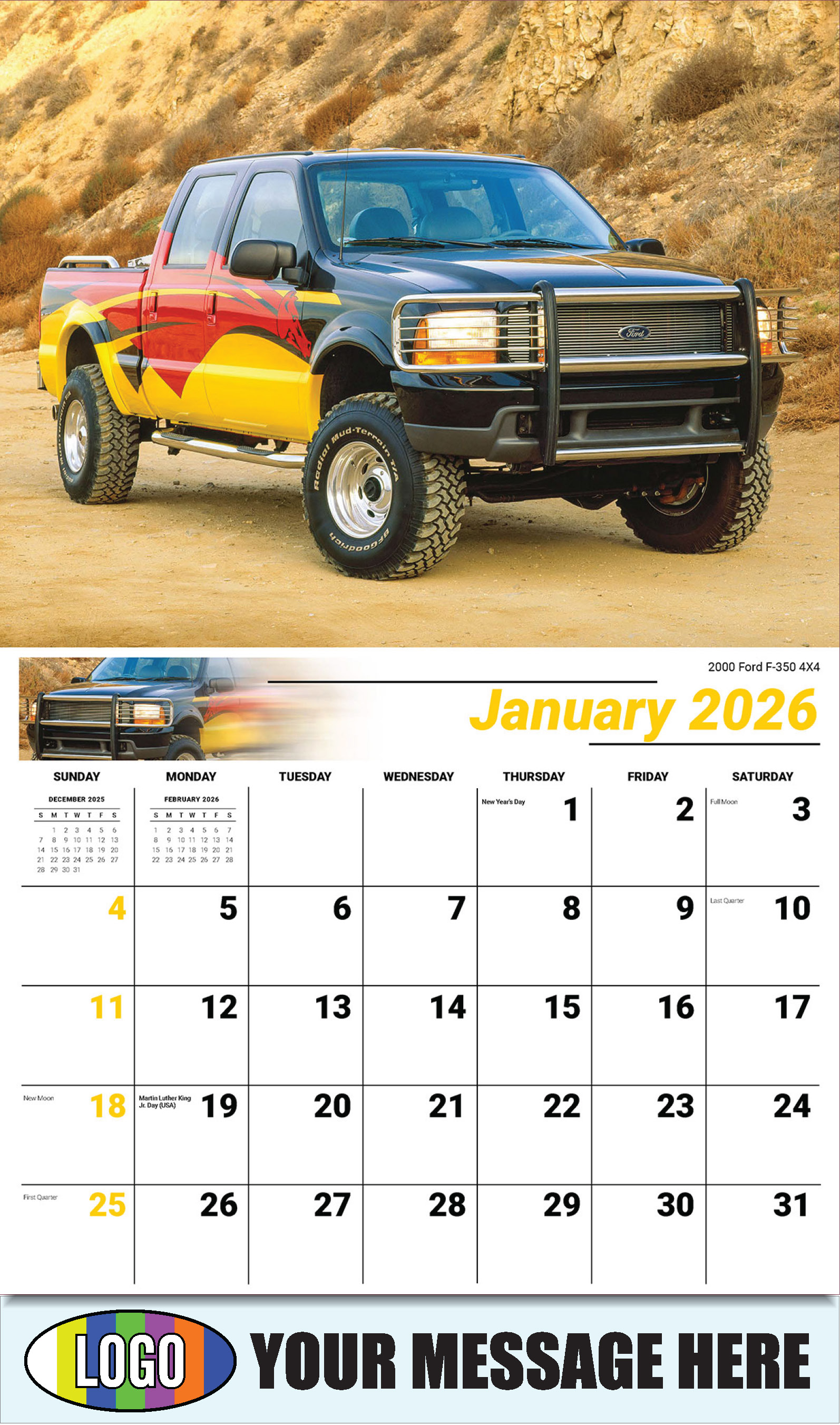 2026 Business Promotional Calendar - Pumped-Up Pickups - 2000 Ford F-350 4X4 - January