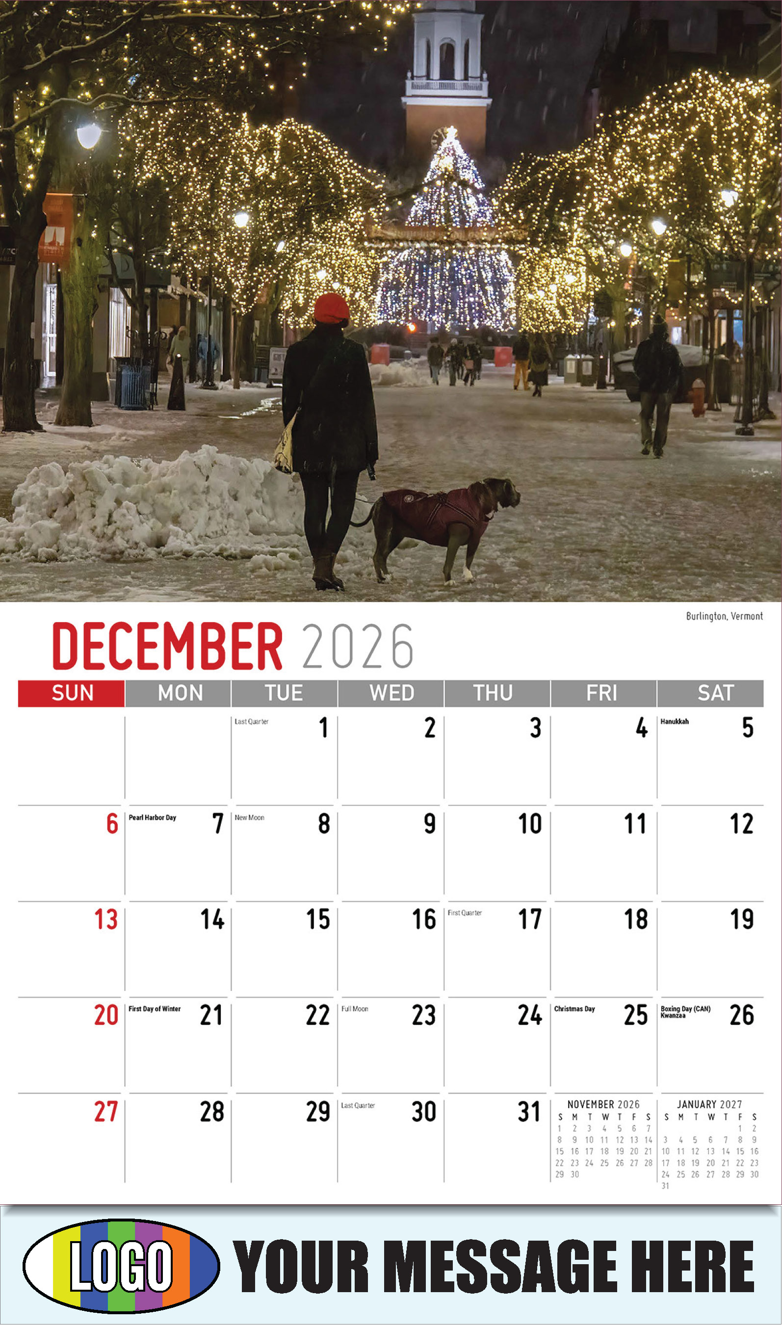 2026 Business Promotion Calendar - Scenes of New England - Burlington, Vermont - December