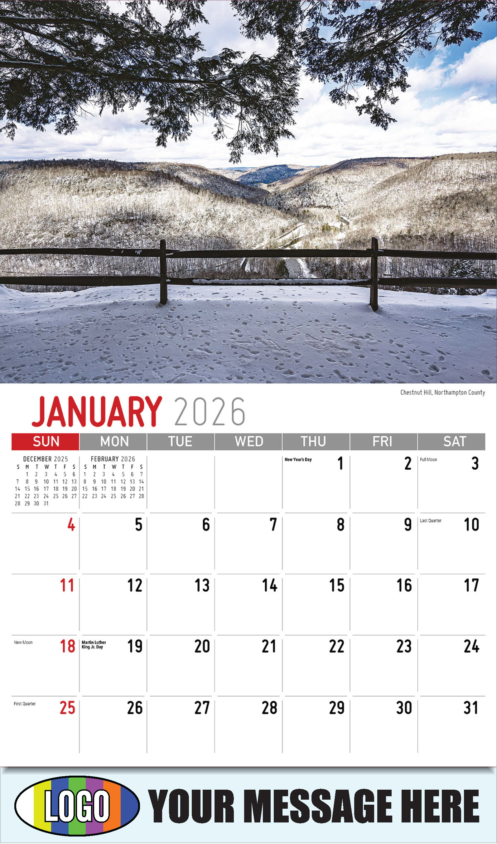 2026 Business Promotional Calendar - Scenes of Pennsylvania - Chestnut Hill, Northampton County - January