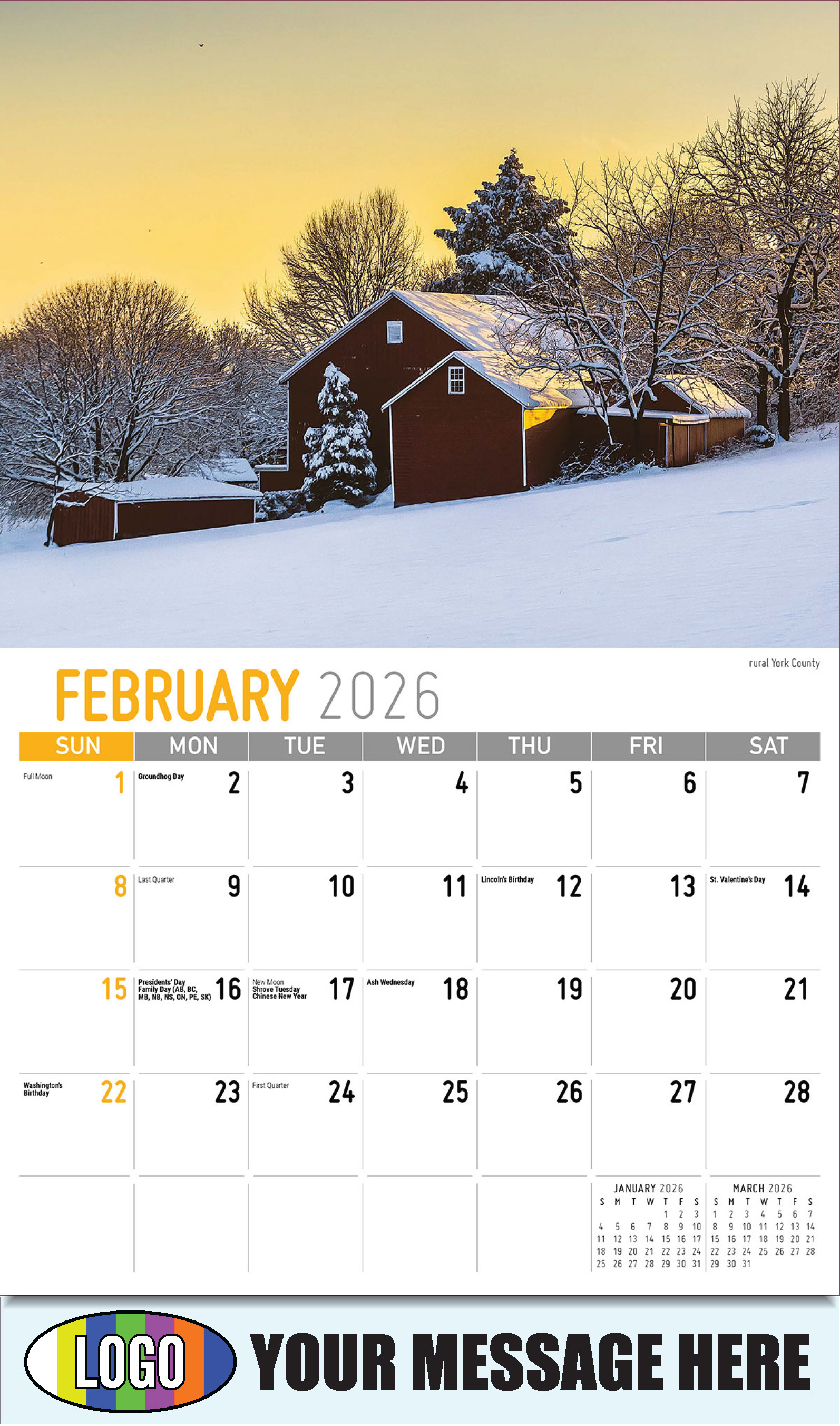 2026 Business Promotional Calendar - Scenes of Pennsylvania - rural York County - February
