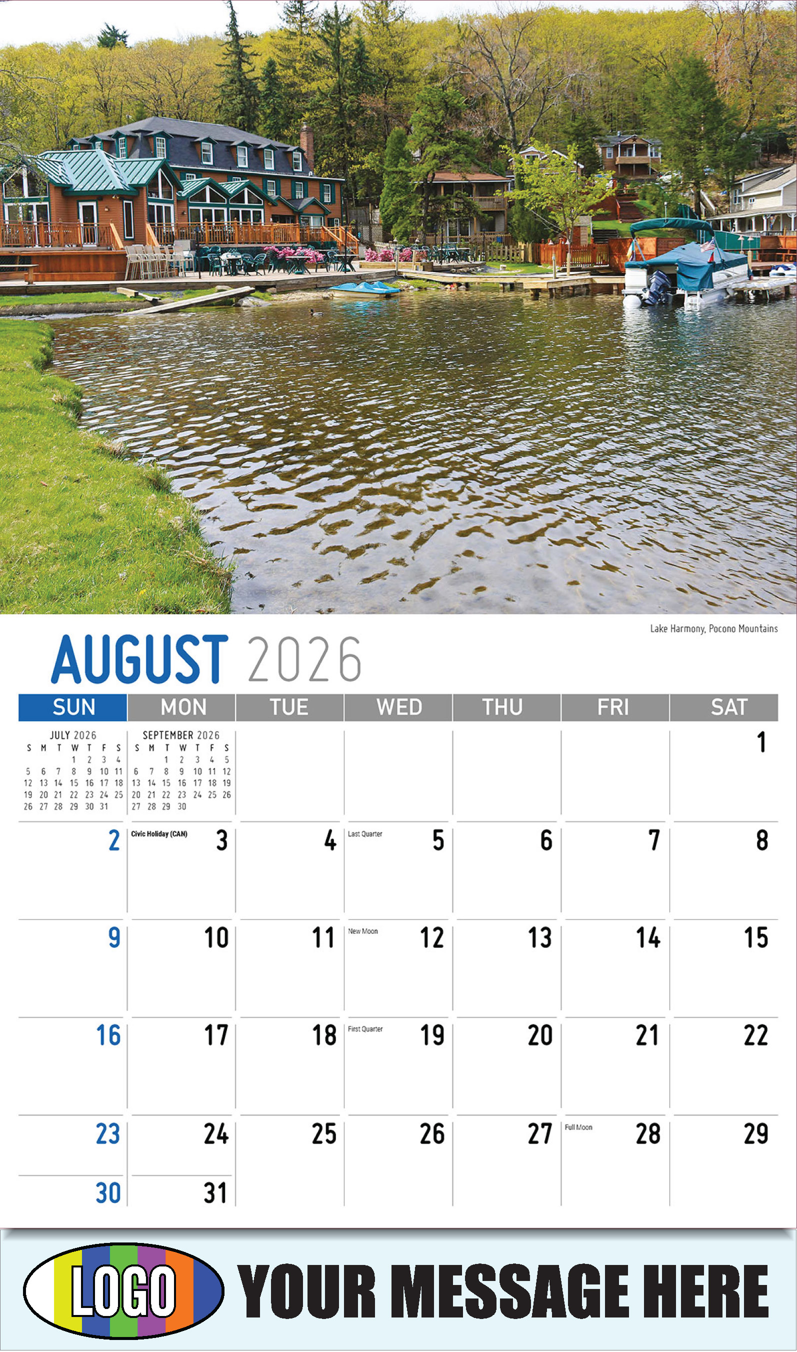 2026 Business Promo Calendar - Scenes of Pennsylvania - Lake Harmony, Pocono Mountains - August
