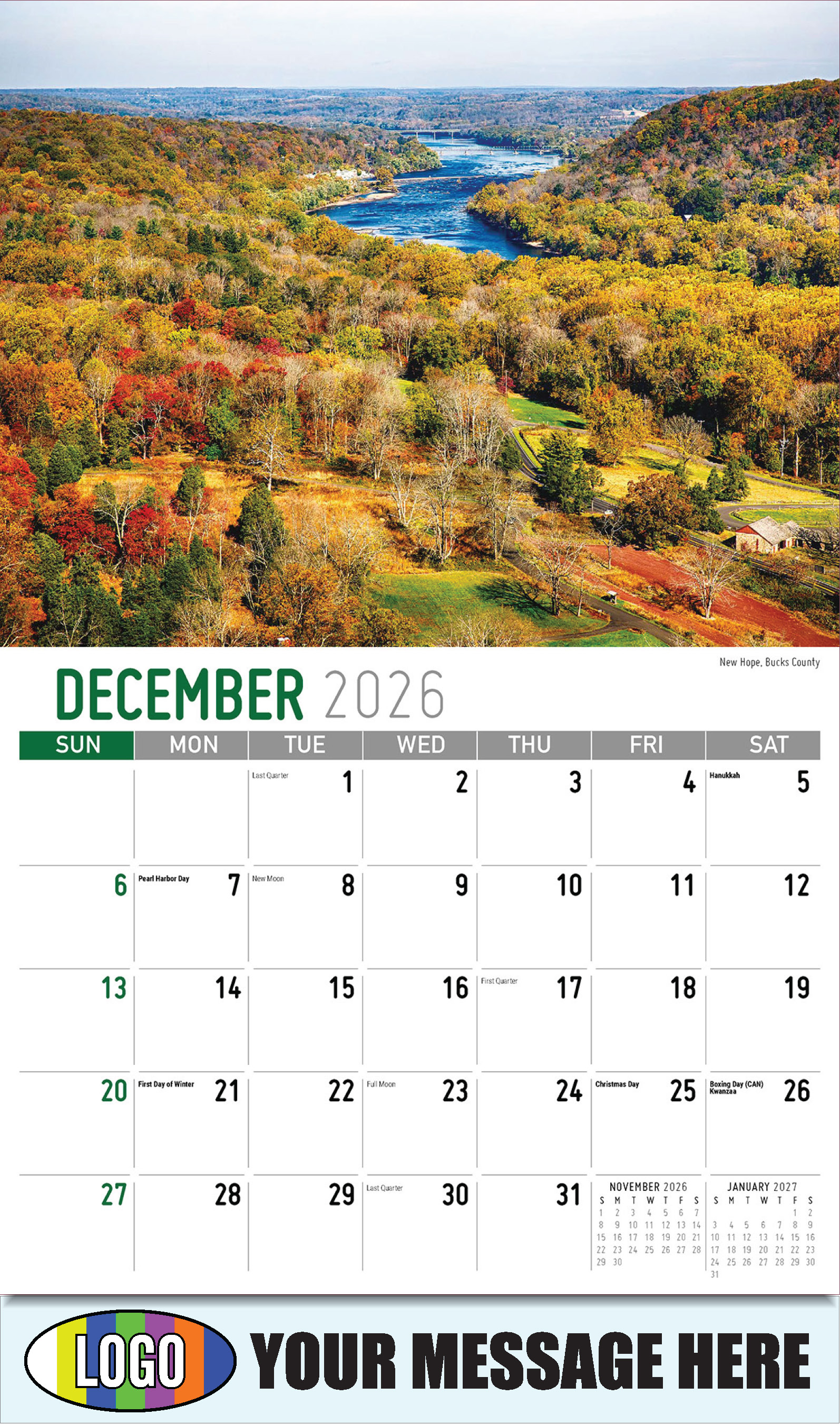 2026 Business Promotion Calendar - Scenes of Pennsylvania - New Hope, Bucks County - December