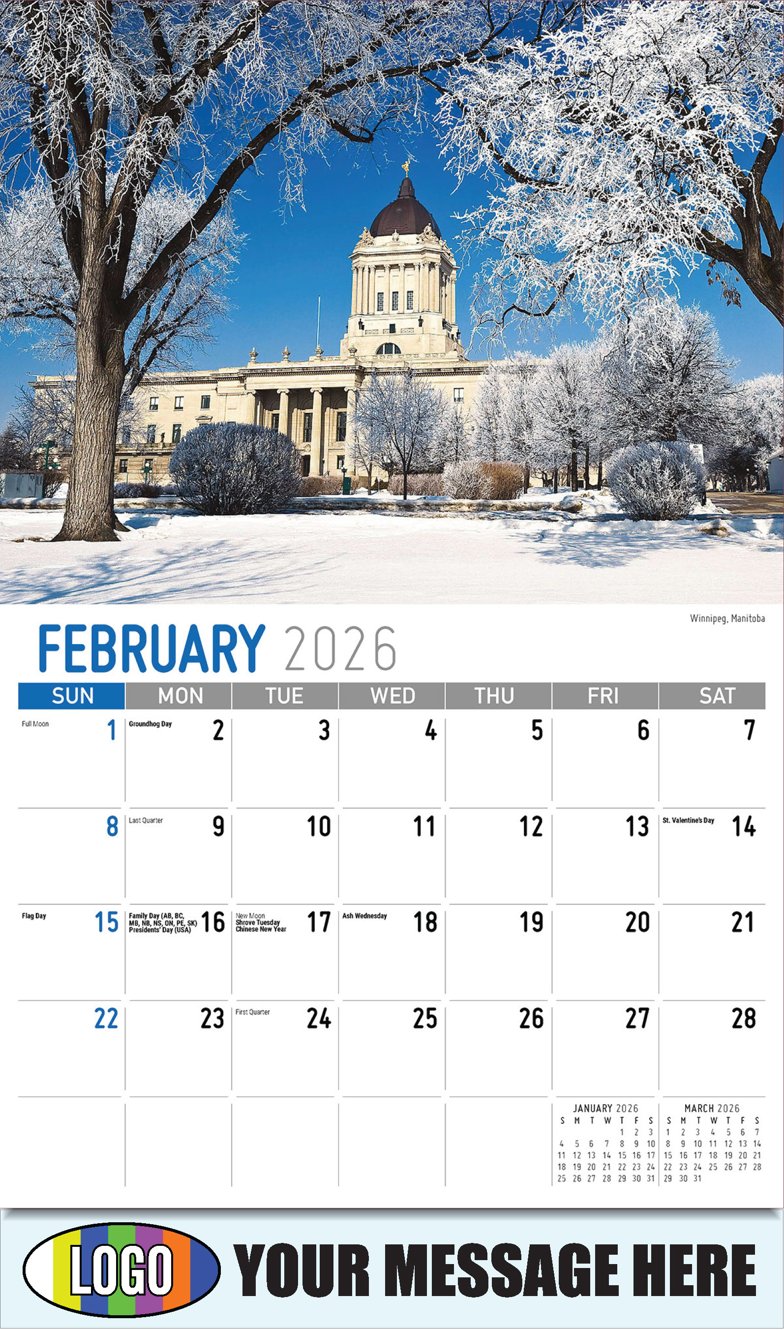 2026 Business Promotional Calendar - Scenes of Western Canada - Winnipeg, Manitoba - February