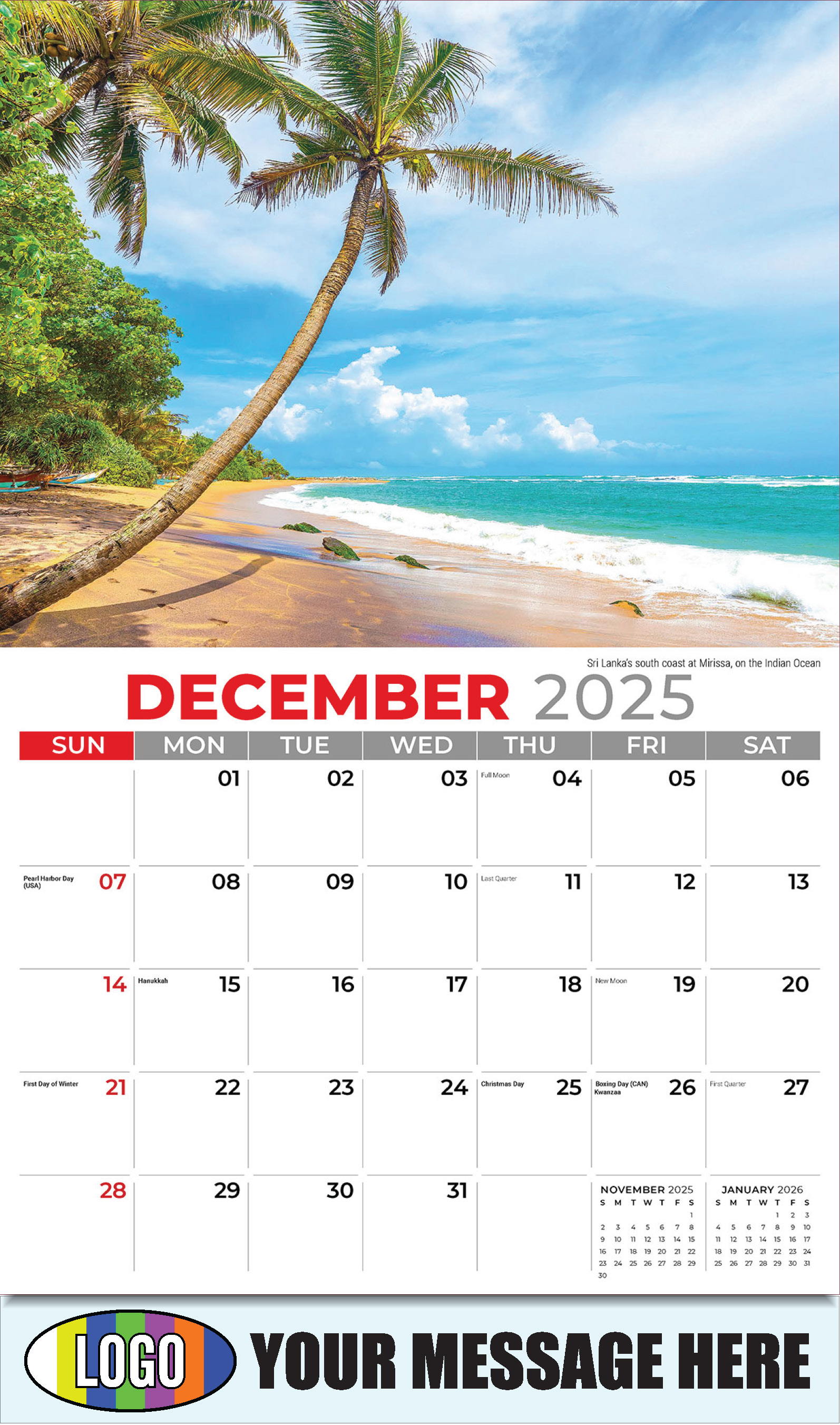 2026 Business Promotional Calendar - Sun, Sand and Surf - December_a - Sri Lanka's south coast at Mirissa, on the Indian Ocean