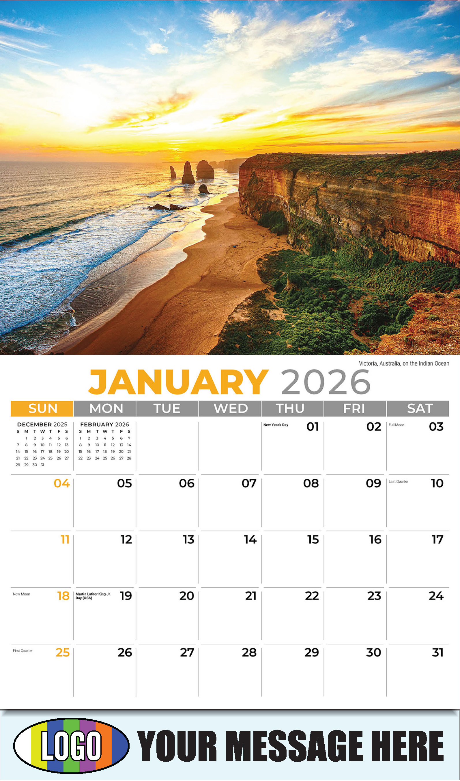 2026 Business Promotional Calendar - Sun, Sand and Surf - January - Victoria, Australia, on the Indian Ocean