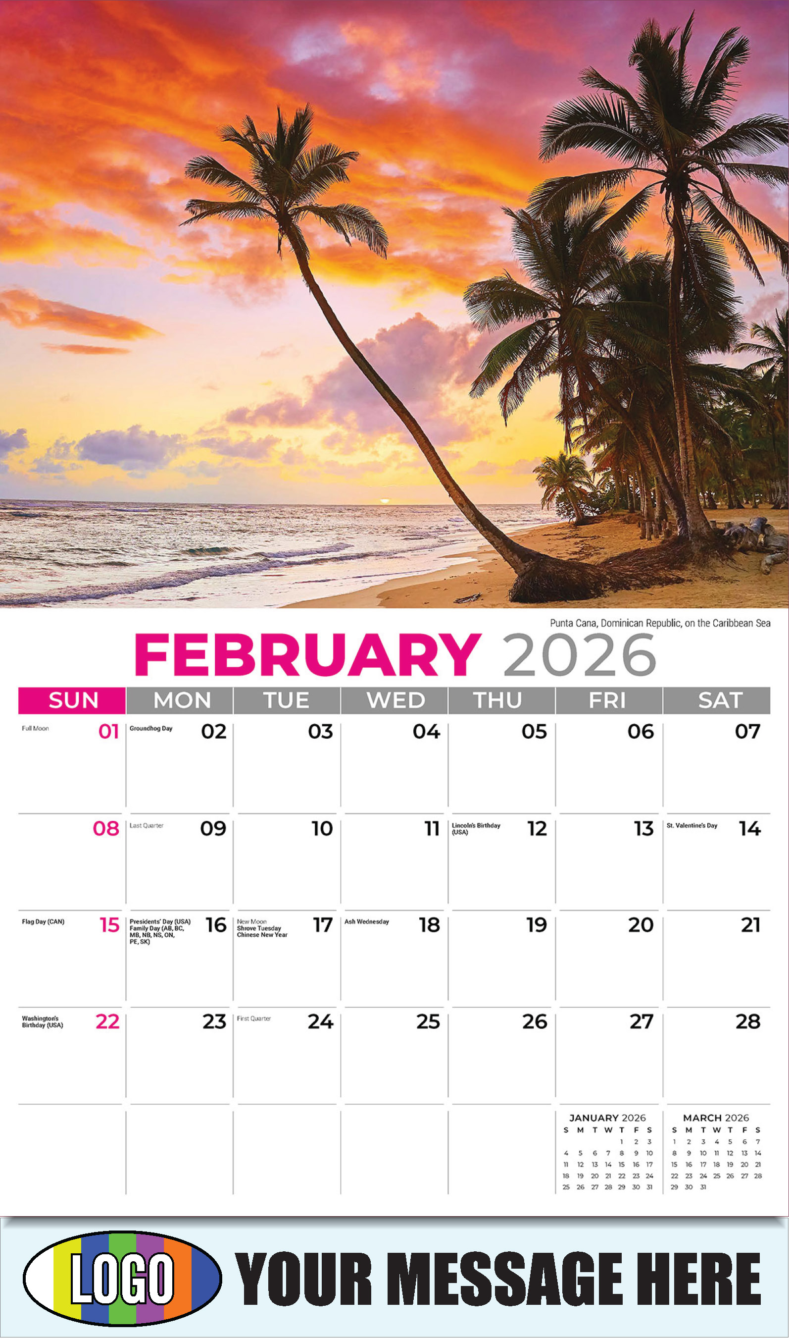 2026 Business Promotional Calendar - Sun, Sand and Surf - February - Punta Cana, Dominican Republic, on the Caribbean Sea