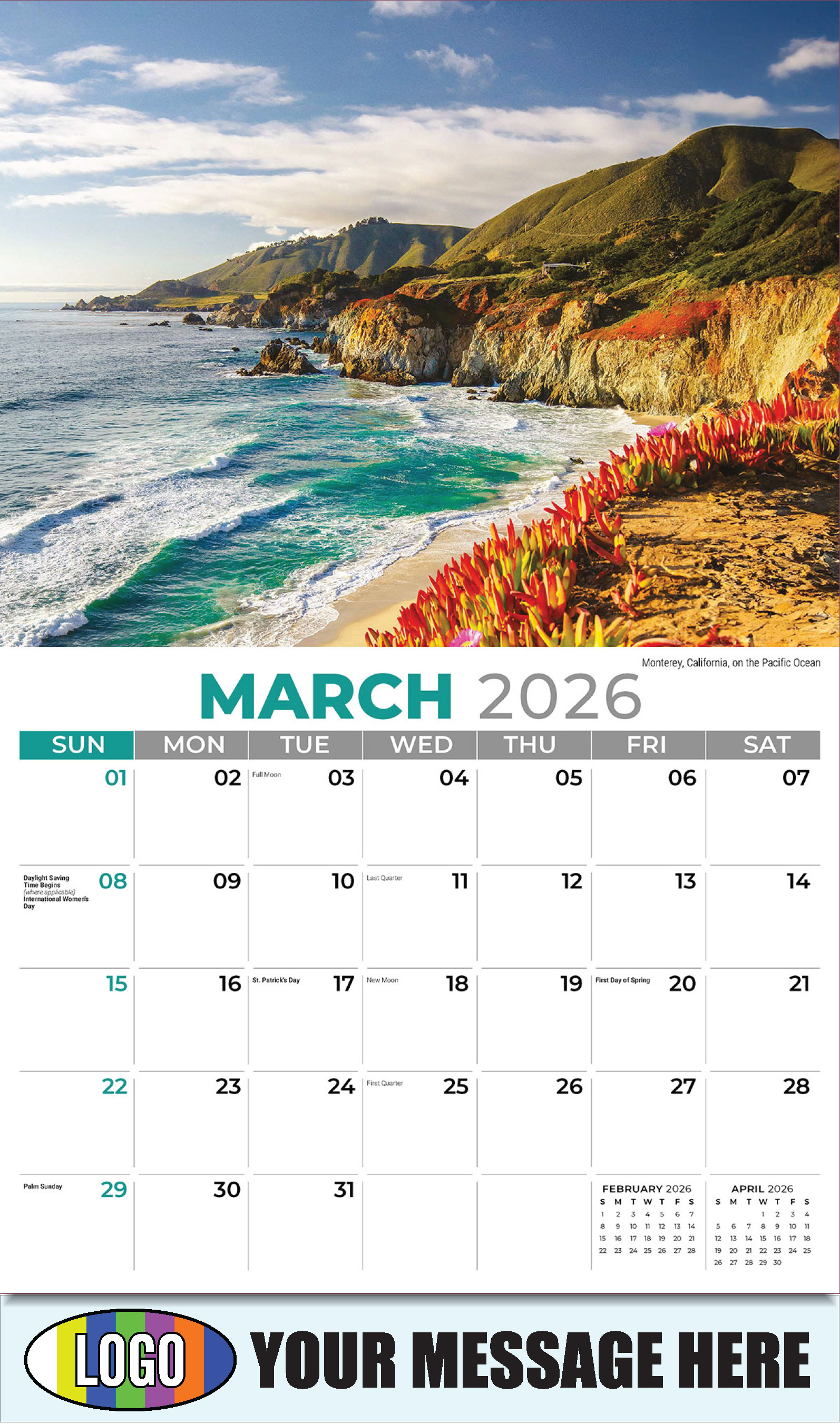 2026 Business Promotional Calendar - Sun, Sand and Surf - March - Monterey, California, on the Pacific Ocean