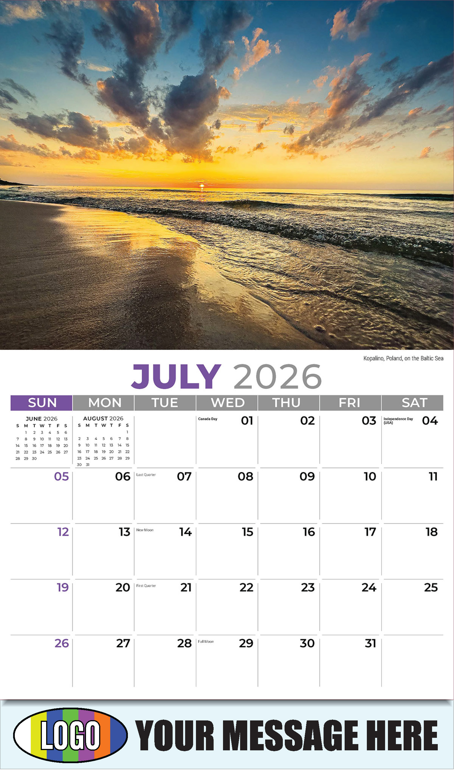2026 Business Promo Calendar - Sun, Sand and Surf - July - Kopalino, Poland, on the Baltic Sea
