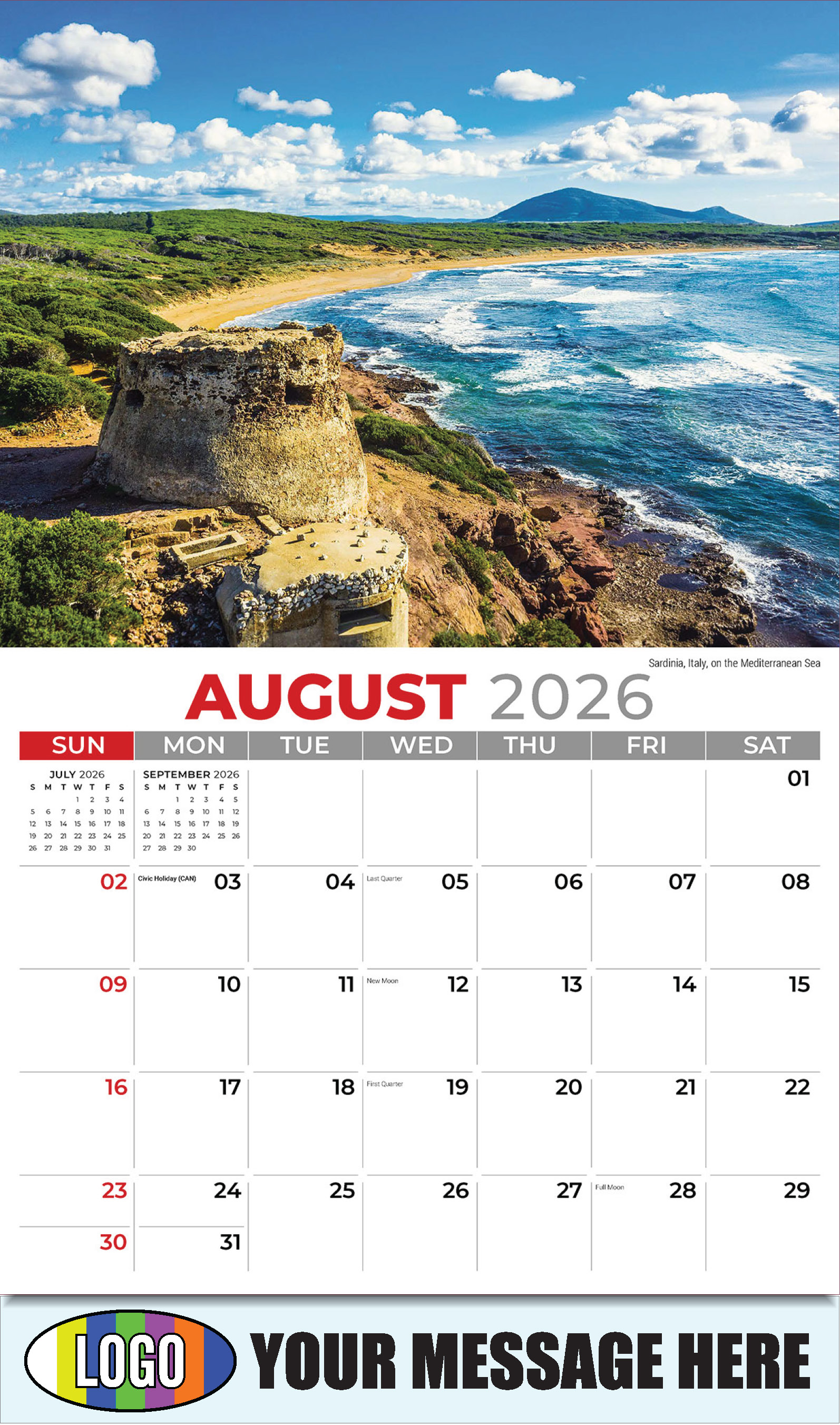 2026 Business Promo Calendar - Sun, Sand and Surf - August - Sardinia, Italy, on the Mediterranean Sea