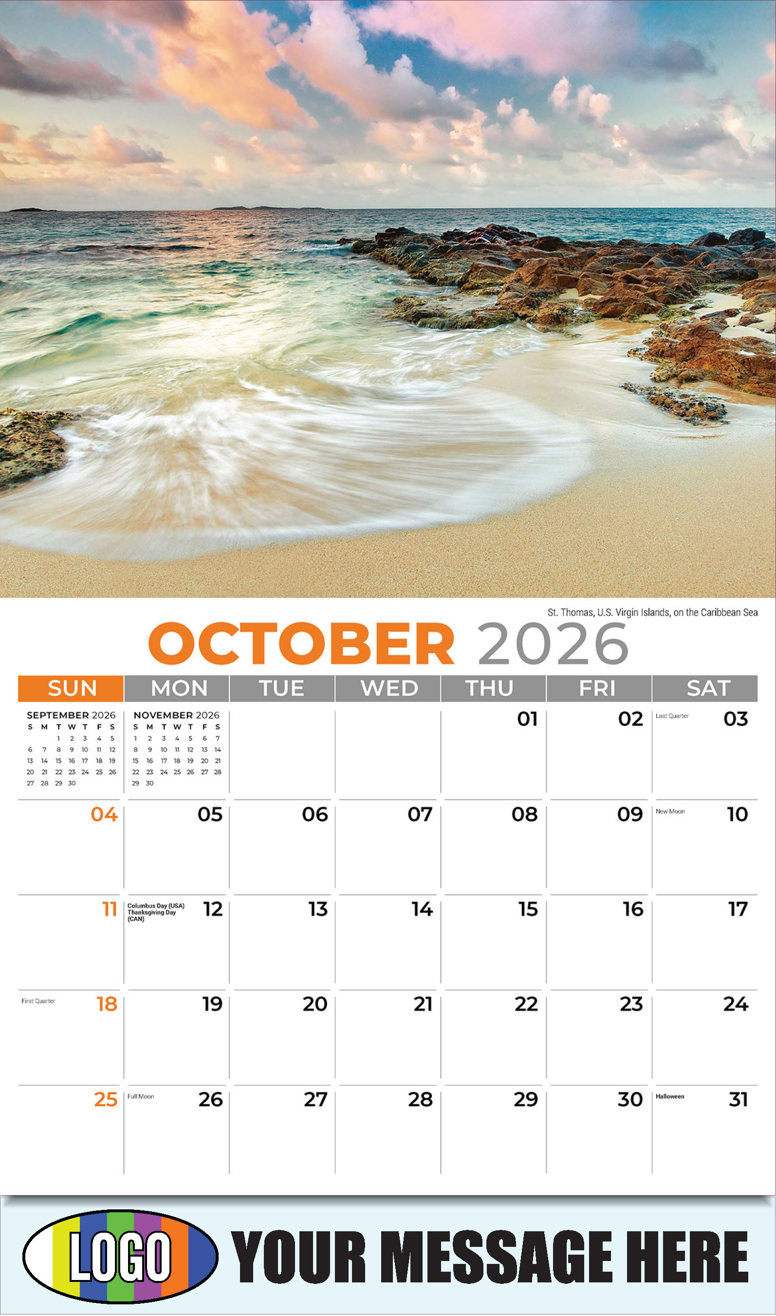 2026 Business Promotion Calendar - Sun, Sand and Surf - October - St. Thomas, U.S. Virgin Islands, on the Caribbean Sea 