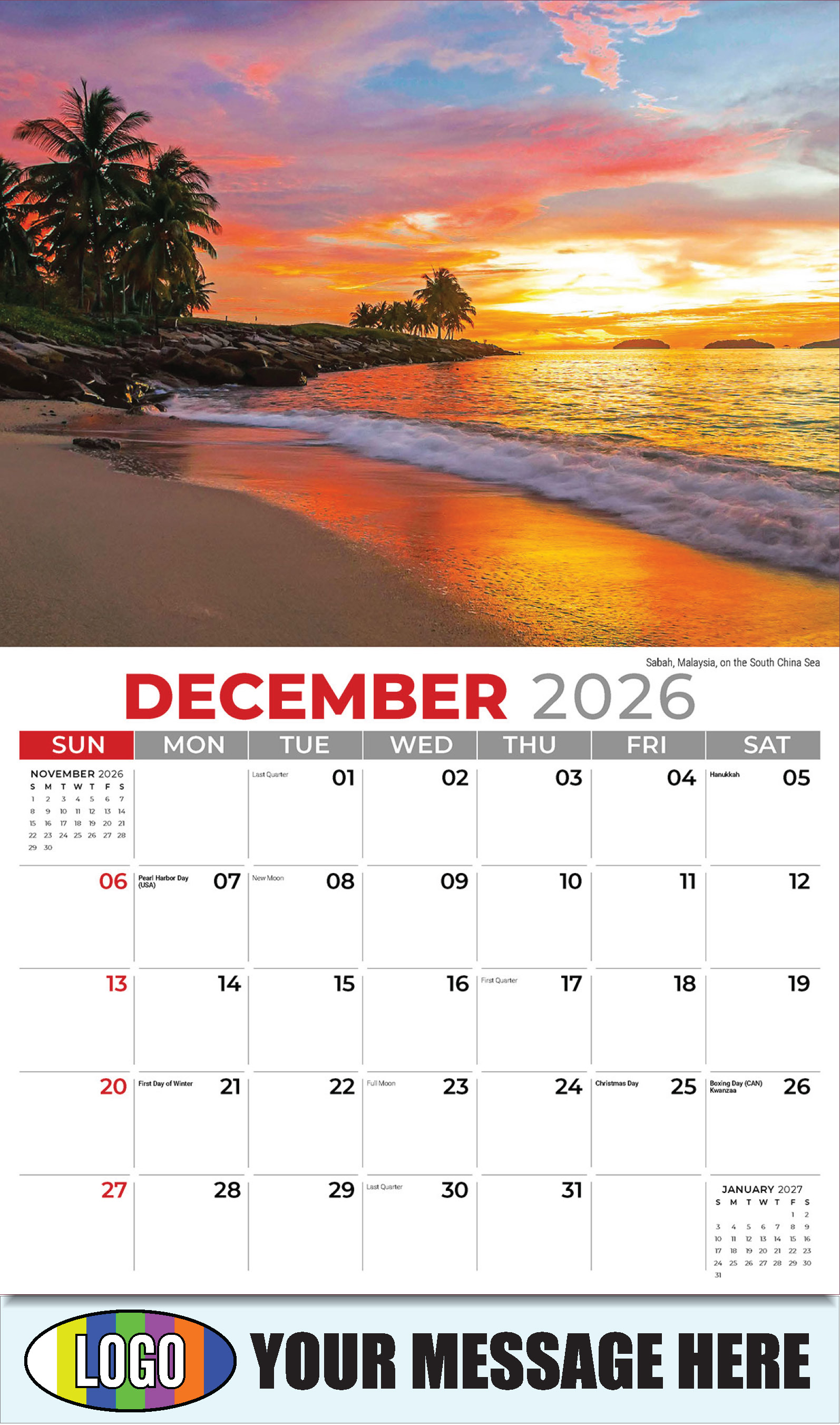 2026 Business Promotion Calendar - Sun, Sand and Surf - December - Sabah, Malaysia, on the South China Sea  