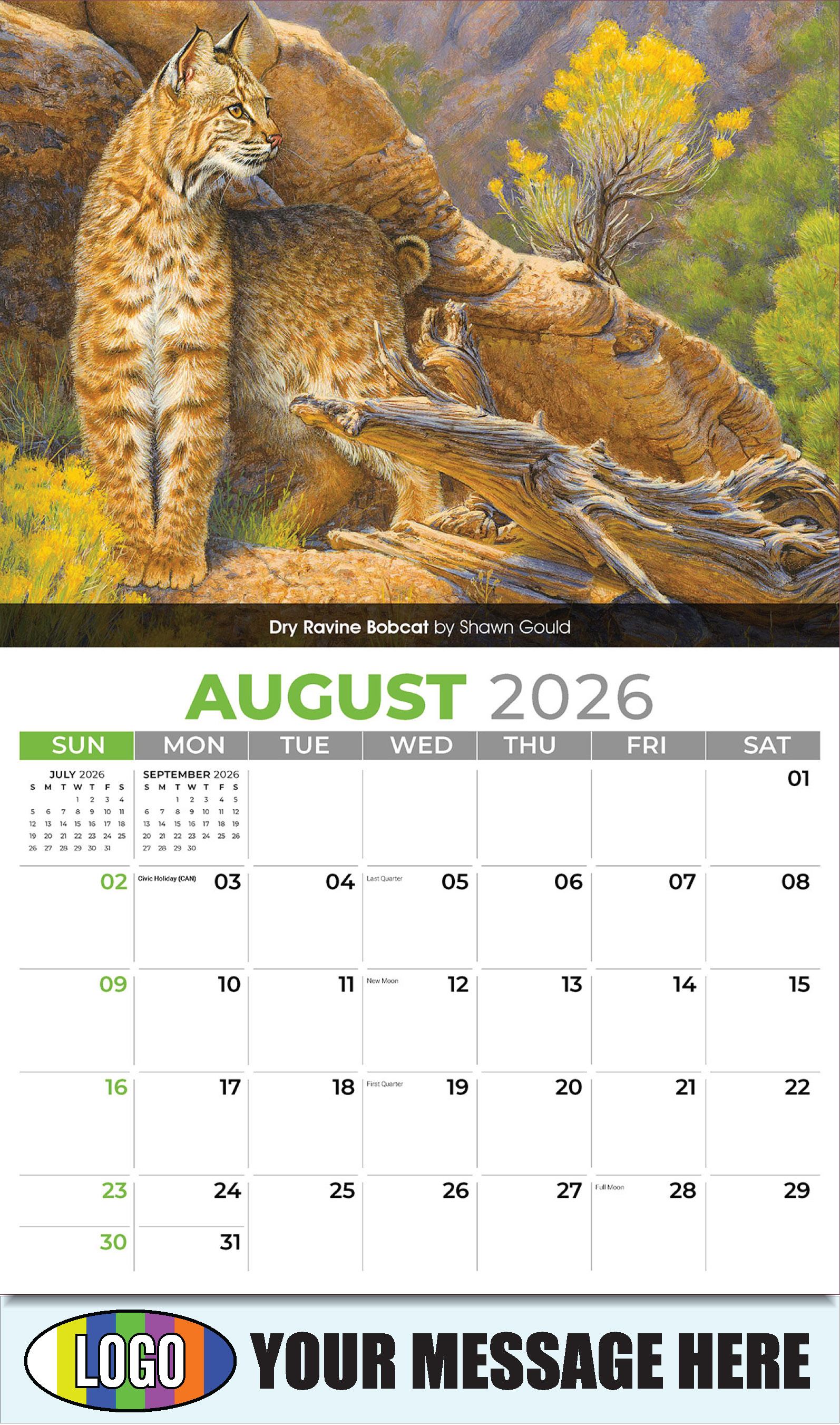 2026 Business Promo Calendar - Wildlife Art - Dry Ravine Bobcat by Shawn Gould - August